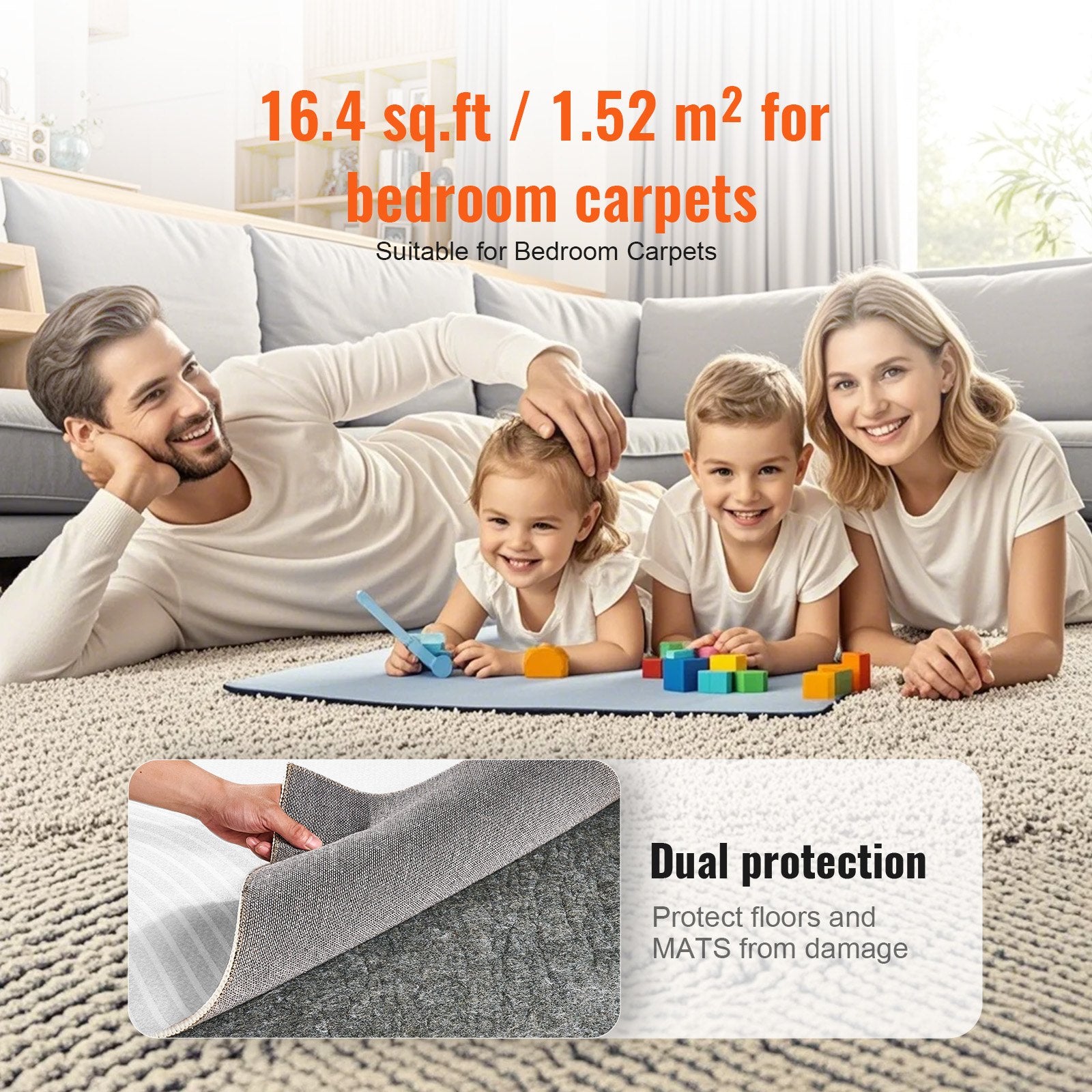 Slip-Resistant Rug Pad 9x12' 1/4" Dual Surface Felt Latex Gray Carpet Cushion