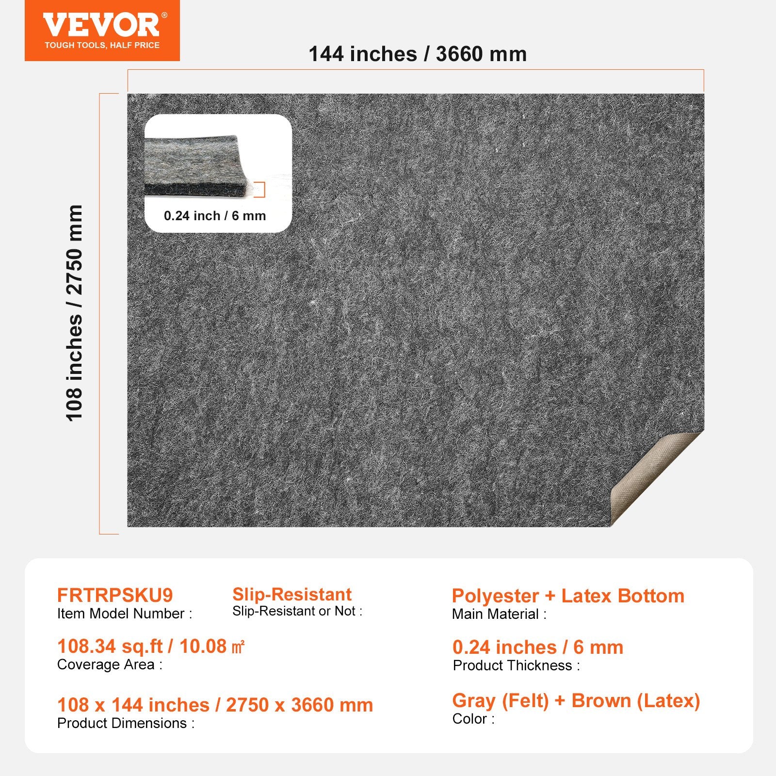 Slip-Resistant Rug Pad 9x12' 1/4" Dual Surface Felt Latex Gray Carpet Cushion