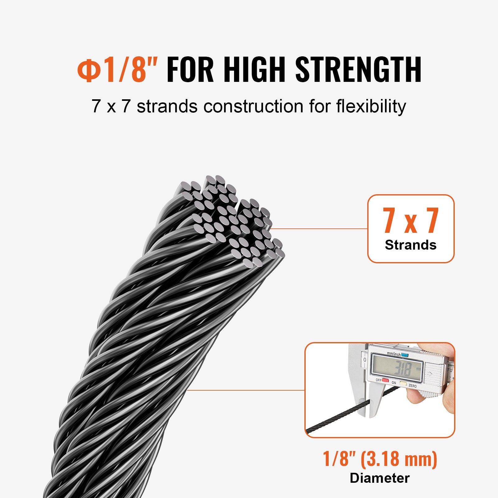 Wire Rope Kit 3.18mm 152.4m 316 Stainless Steel Cable with Cutter Gloves Black
