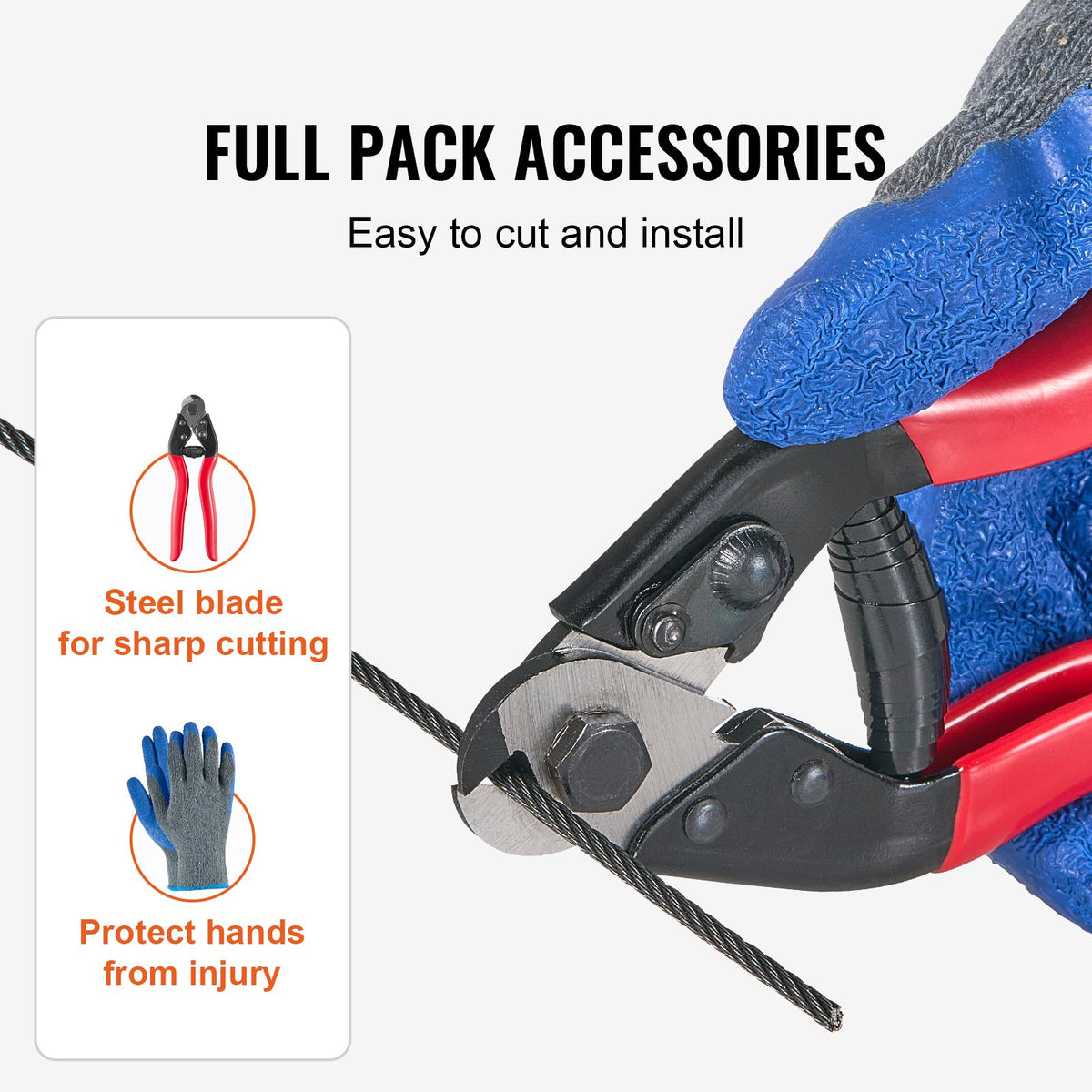 Wire Rope Kit 3.18mm 152.4m 316 Stainless Steel Cable with Cutter Gloves Black