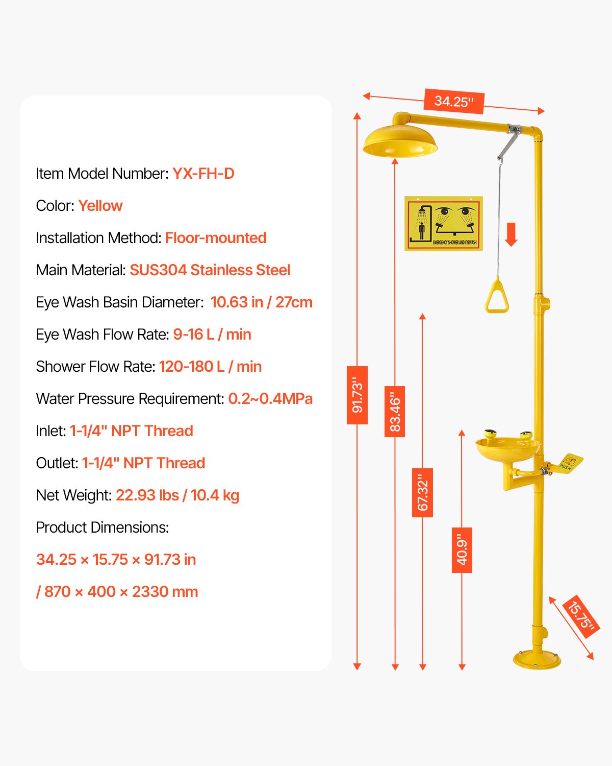 Eye Wash Station Emergency Shower 34.25x15.75x91.73in Stainless Steel OSHA