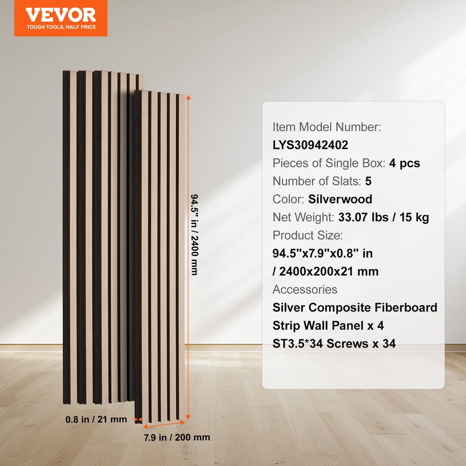Wood Slat Acoustic Panels 7.9x94.5" MDF Faux Wood Wall Boards Noise Reduction