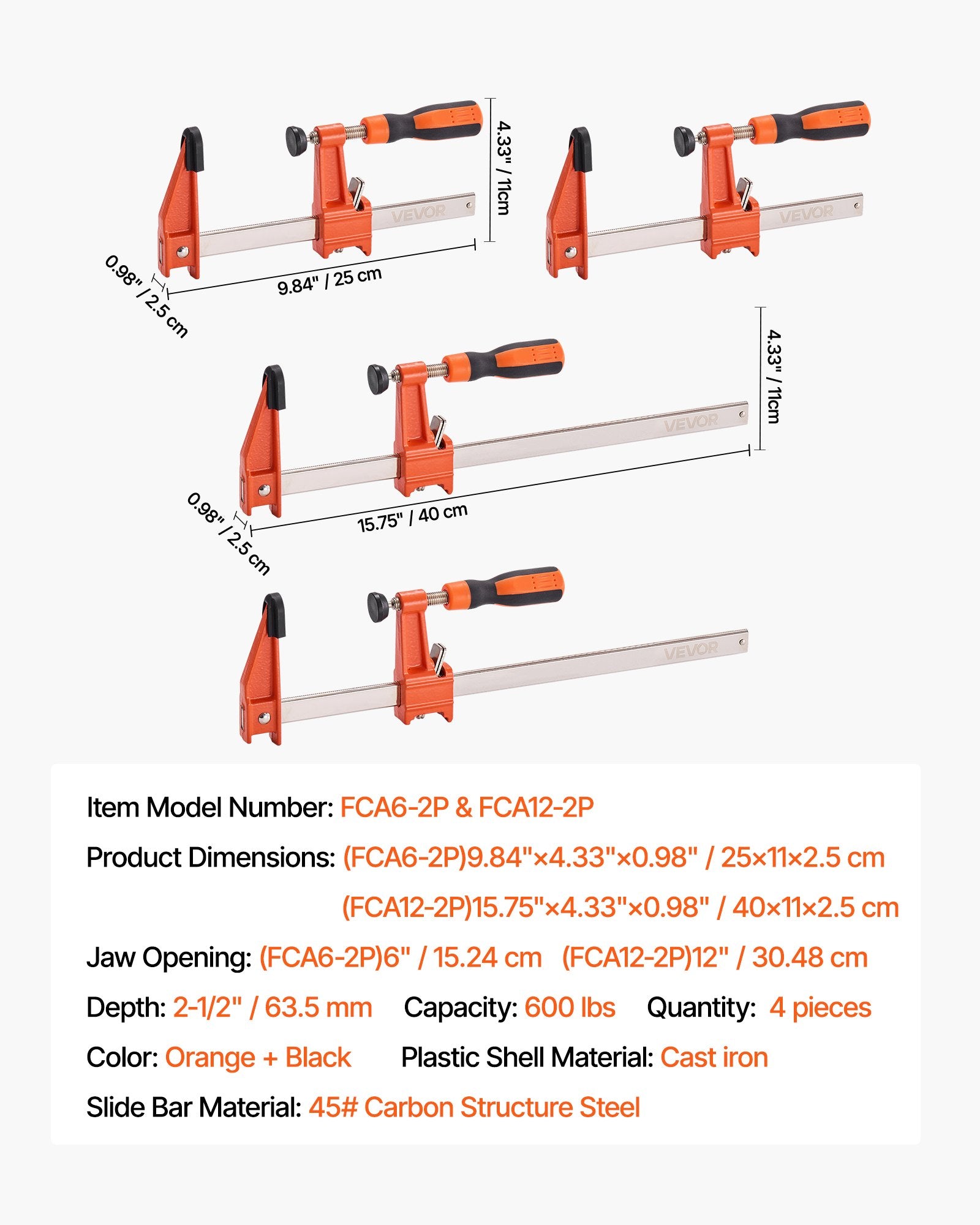 Bar Clamps for Woodworking 2-Pack 15.24cm 2-Pack 30.48cm F-Clamp 272kg 63.5mm