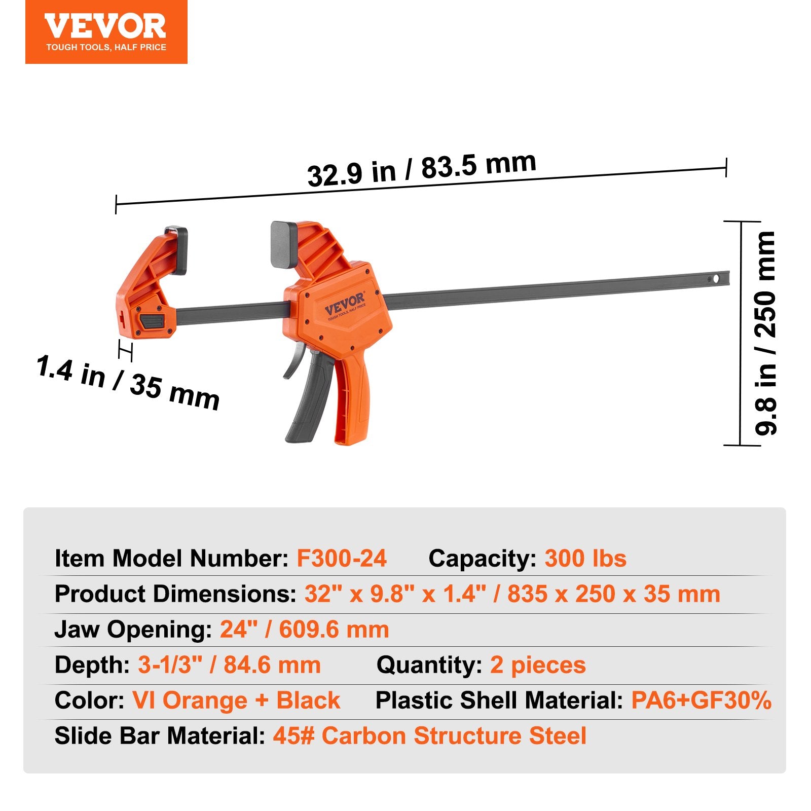 2-Pack 610mm Bar Clamps One-Handed F Clamp/Spreader 300lbs Load Limit
