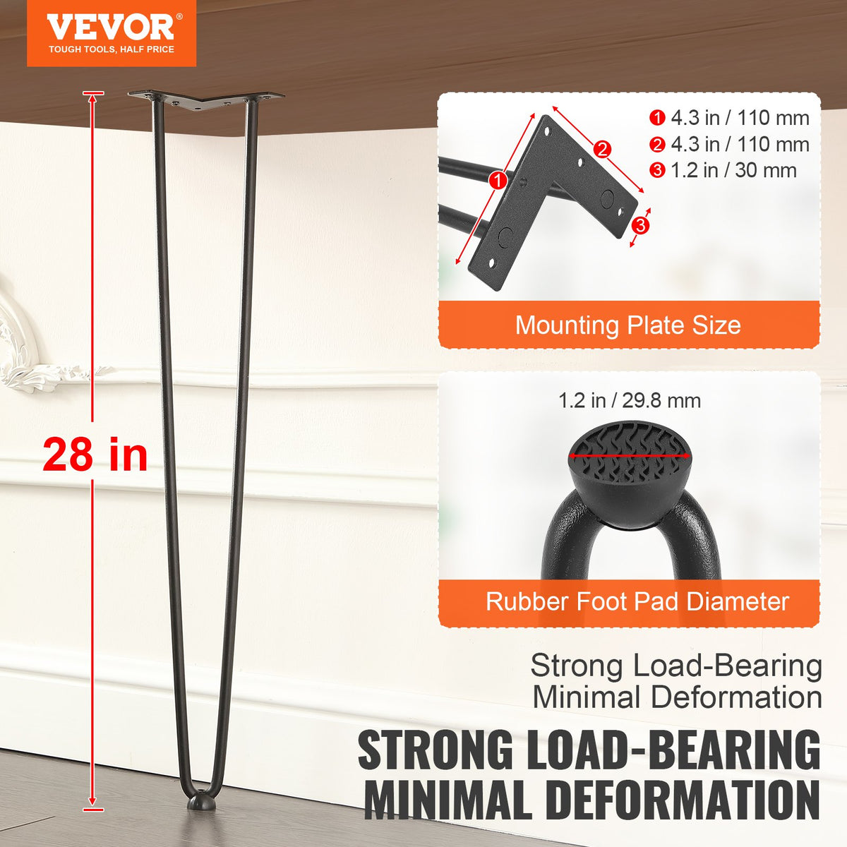 Hairpin Furniture Legs 711.2MM 4PCS, Metal Table Desk Nightstand, 226.8KG Load