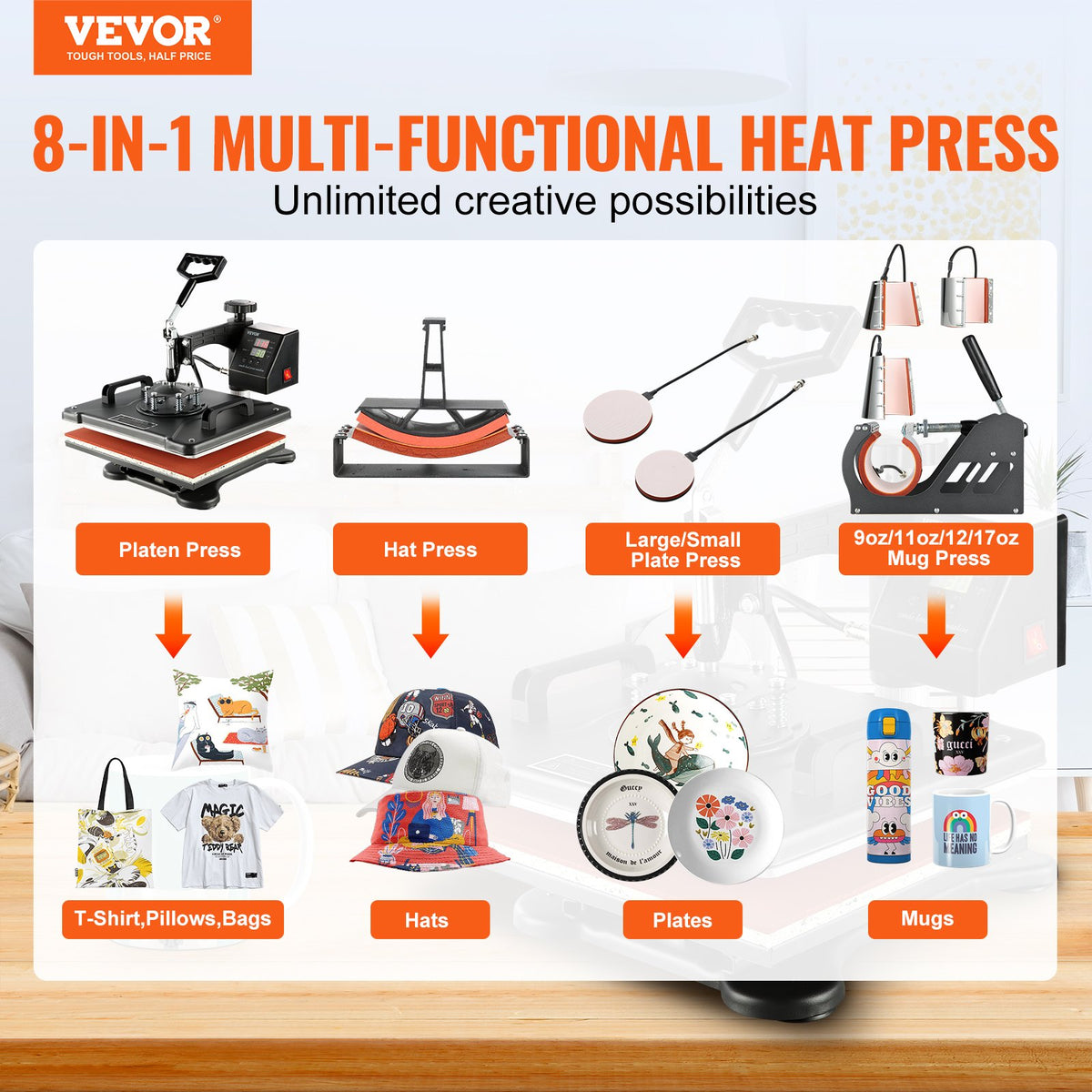 Heat Press Machine 1400W 8-in-1 Sublimation Steel Frame Temperature Time Control