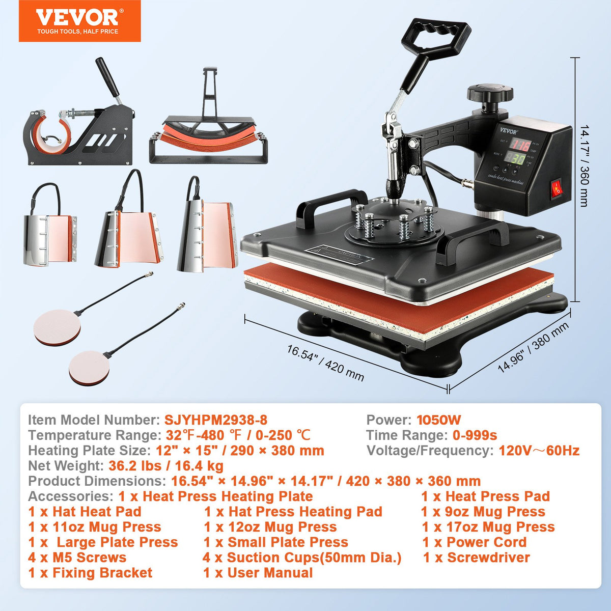 Heat Press Machine 1400W 8-in-1 Sublimation Steel Frame Temperature Time Control