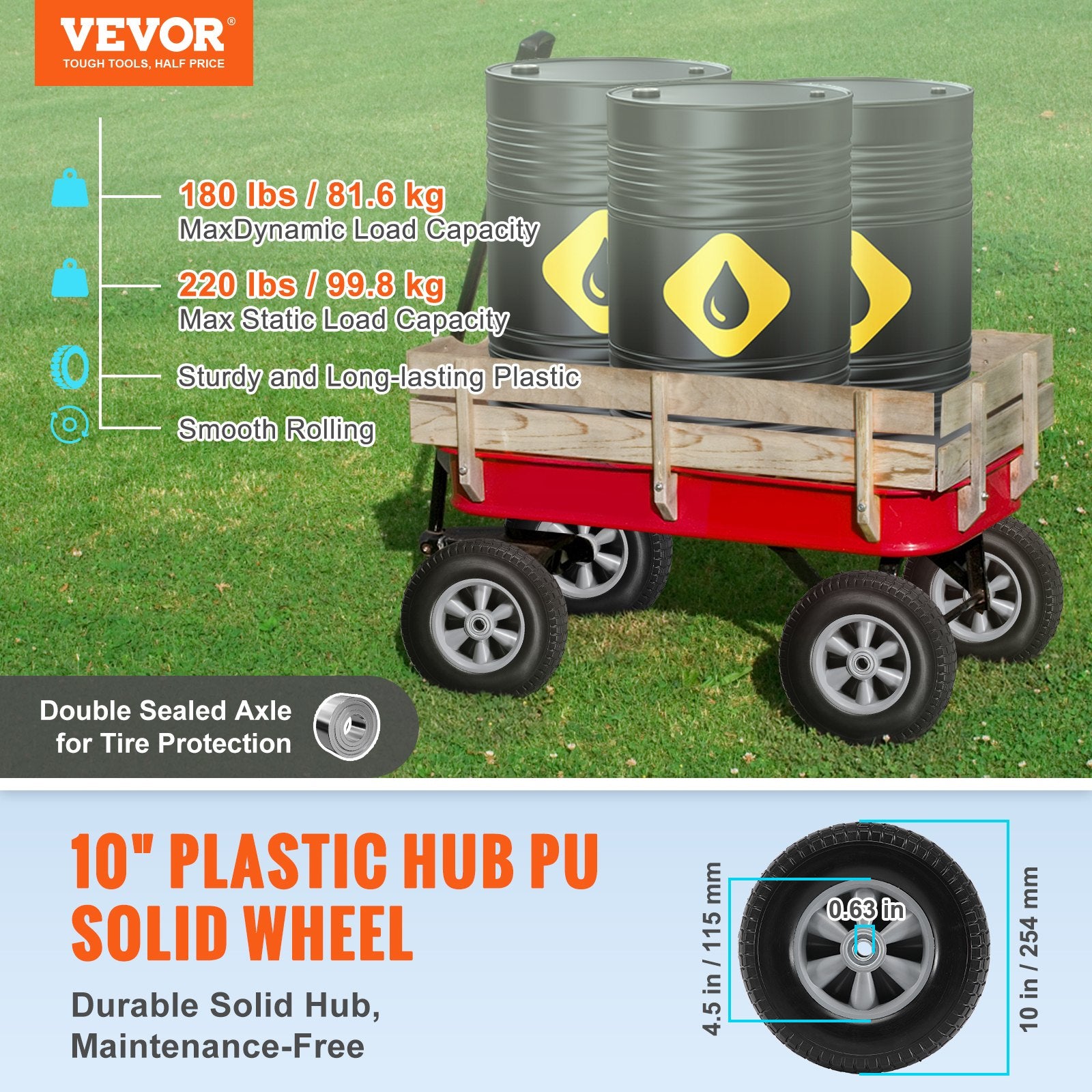 2-Pack 254mm Solid PU Run-Flat Wheels, 81.6kg Dynamic Load, Flat Free for Carts