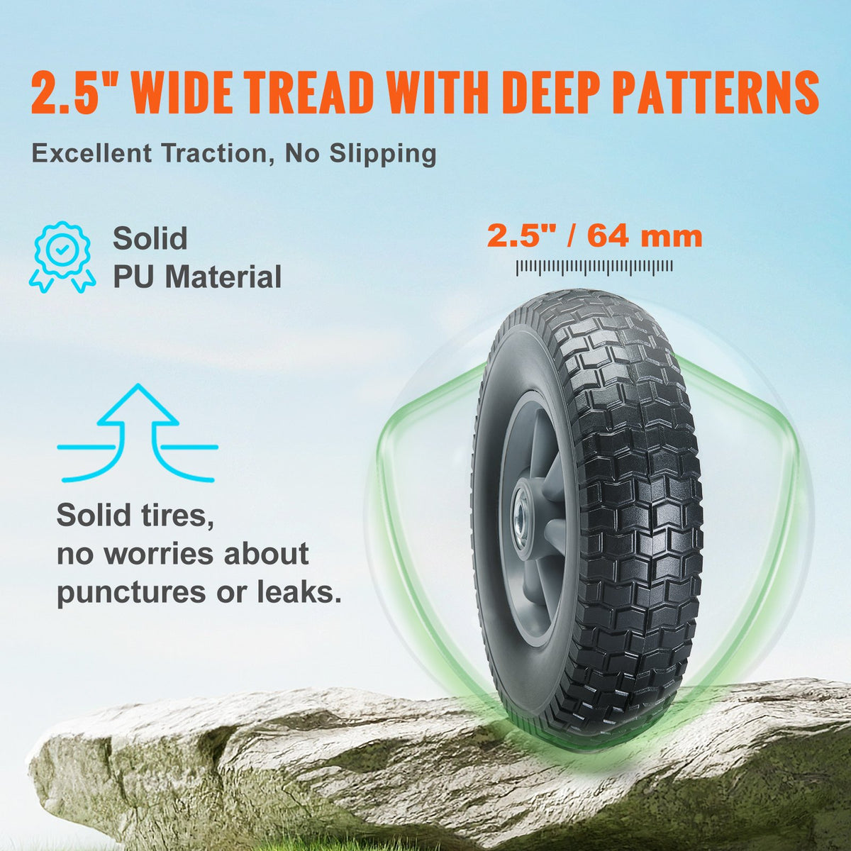 2-Pack 254mm Solid PU Run-Flat Wheels, 81.6kg Dynamic Load, Flat Free for Carts