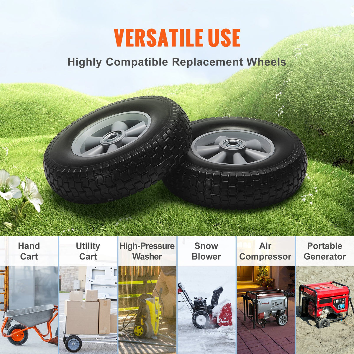 2-Pack 254mm Solid PU Run-Flat Wheels, 81.6kg Dynamic Load, Flat Free for Carts