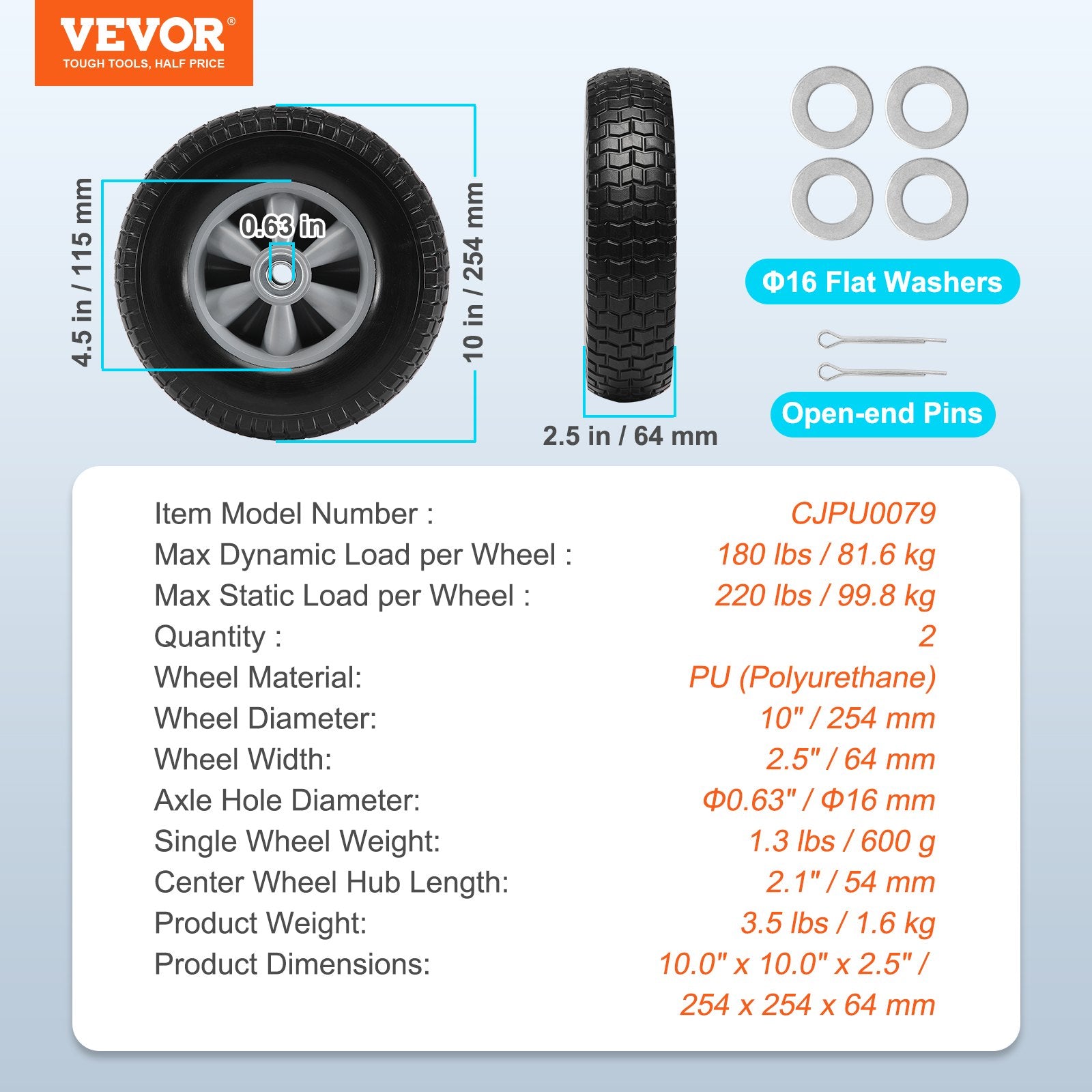 2-Pack 254mm Solid PU Run-Flat Wheels, 81.6kg Dynamic Load, Flat Free for Carts