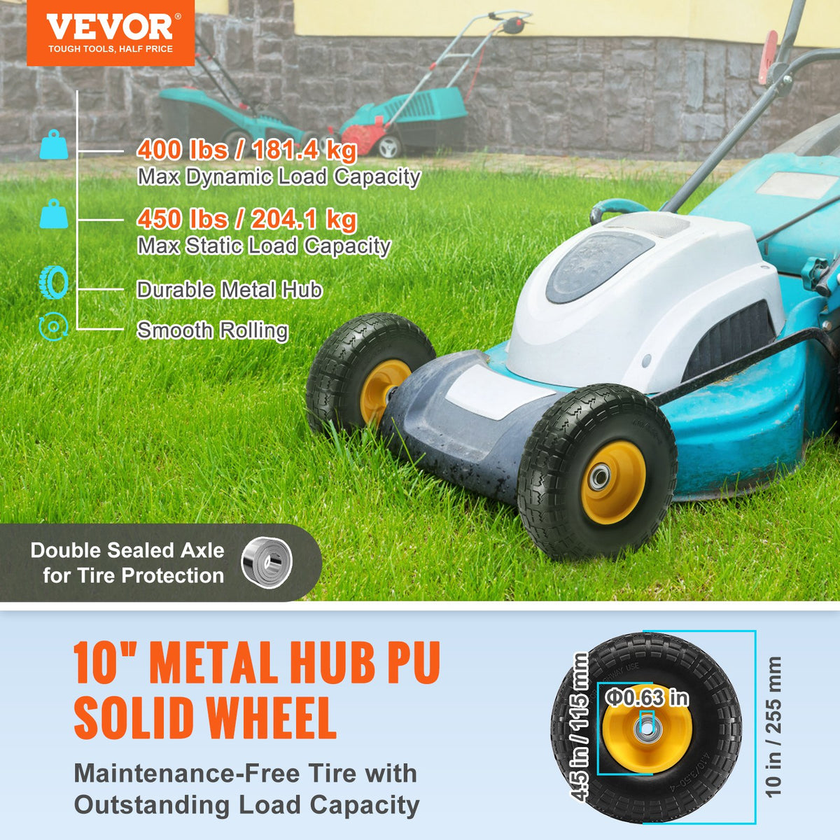 2-Pack 254mm Solid PU Run-Flat Wheels, 181.4kg Dynamic Load, Flat Free for Carts