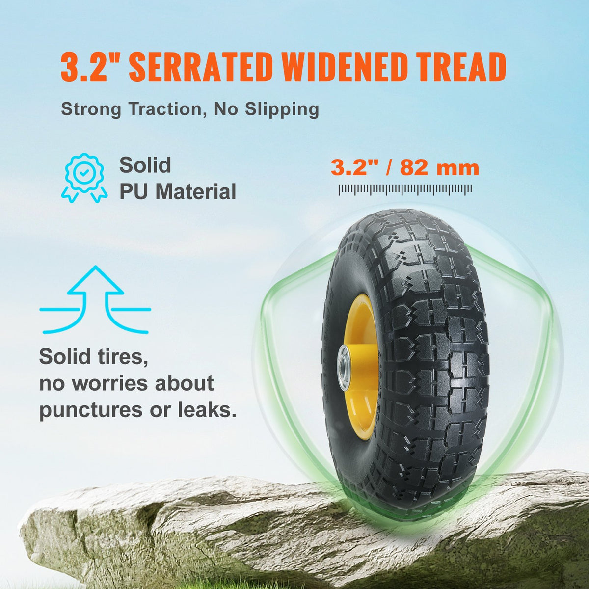 2-Pack 254mm Solid PU Run-Flat Wheels, 181.4kg Dynamic Load, Flat Free for Carts