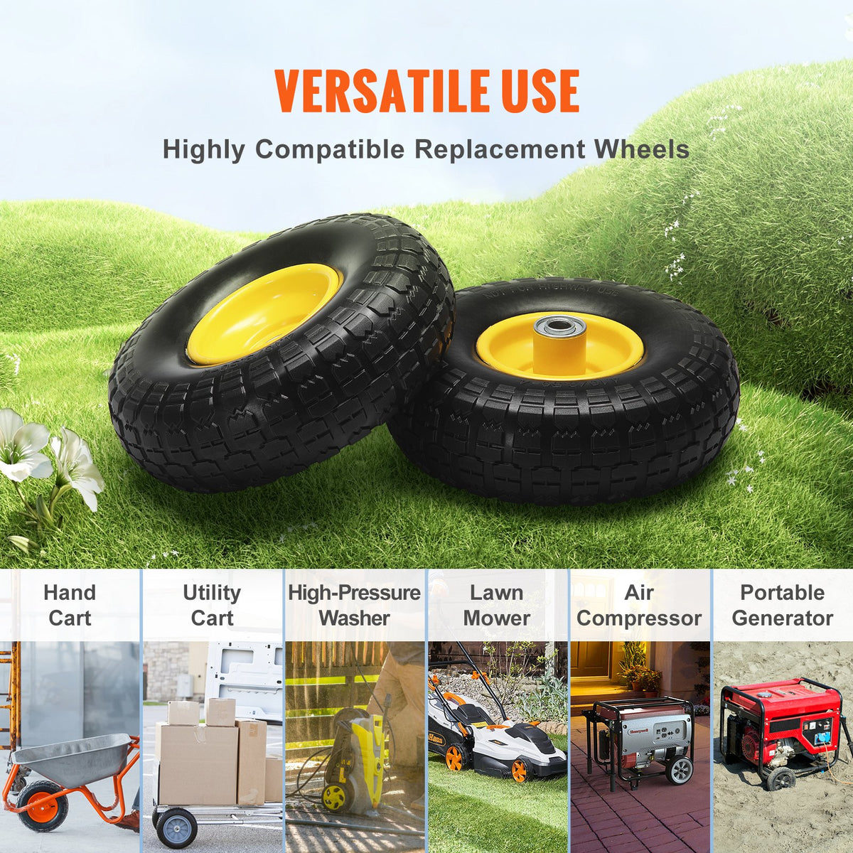 2-Pack 254mm Solid PU Run-Flat Wheels, 181.4kg Dynamic Load, Flat Free for Carts