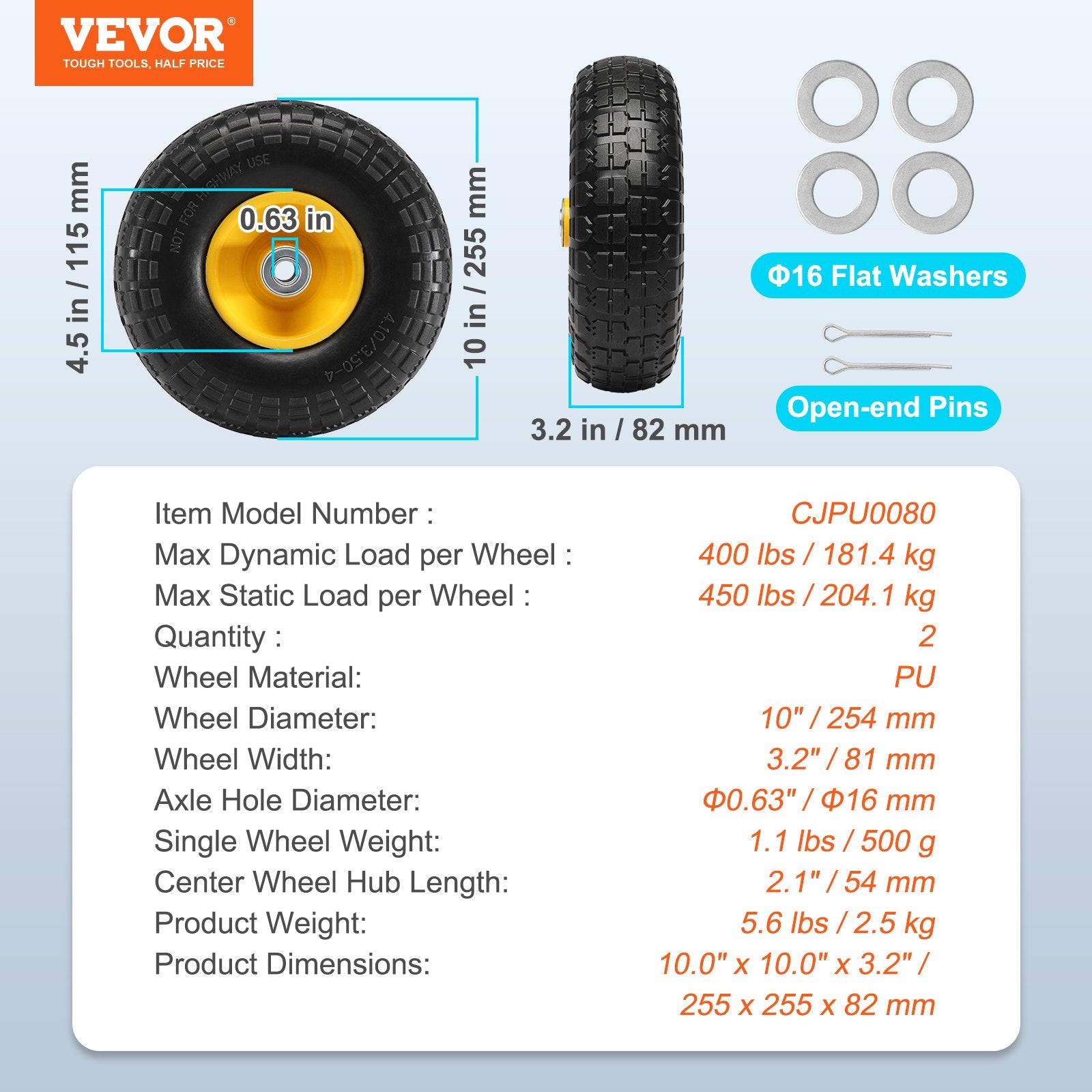 2-Pack 254mm Solid PU Run-Flat Wheels, 181.4kg Dynamic Load, Flat Free for Carts