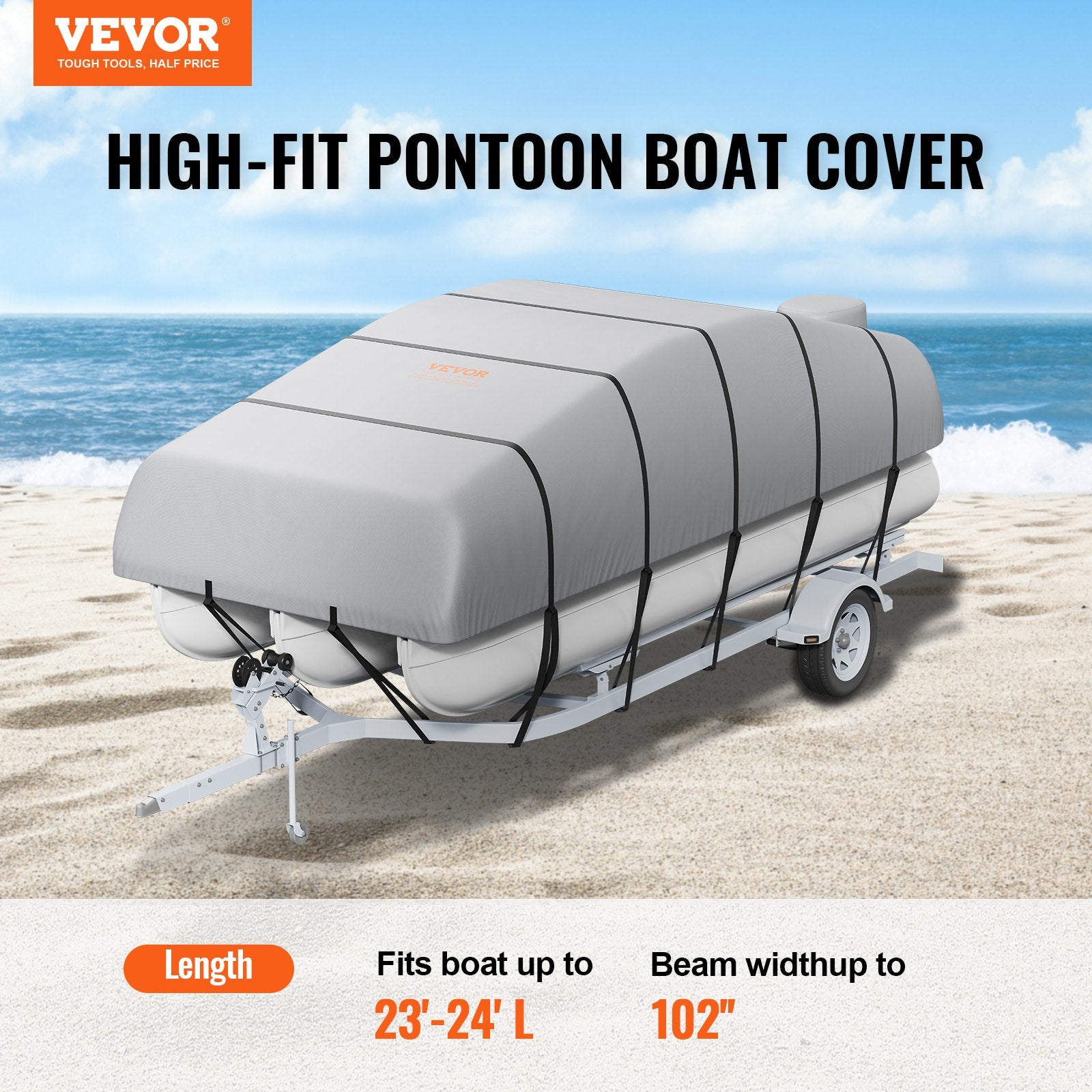 23'-24' Waterproof Pontoon Boat Cover 800D Marine-Grade PU Oxford Fabric Grey