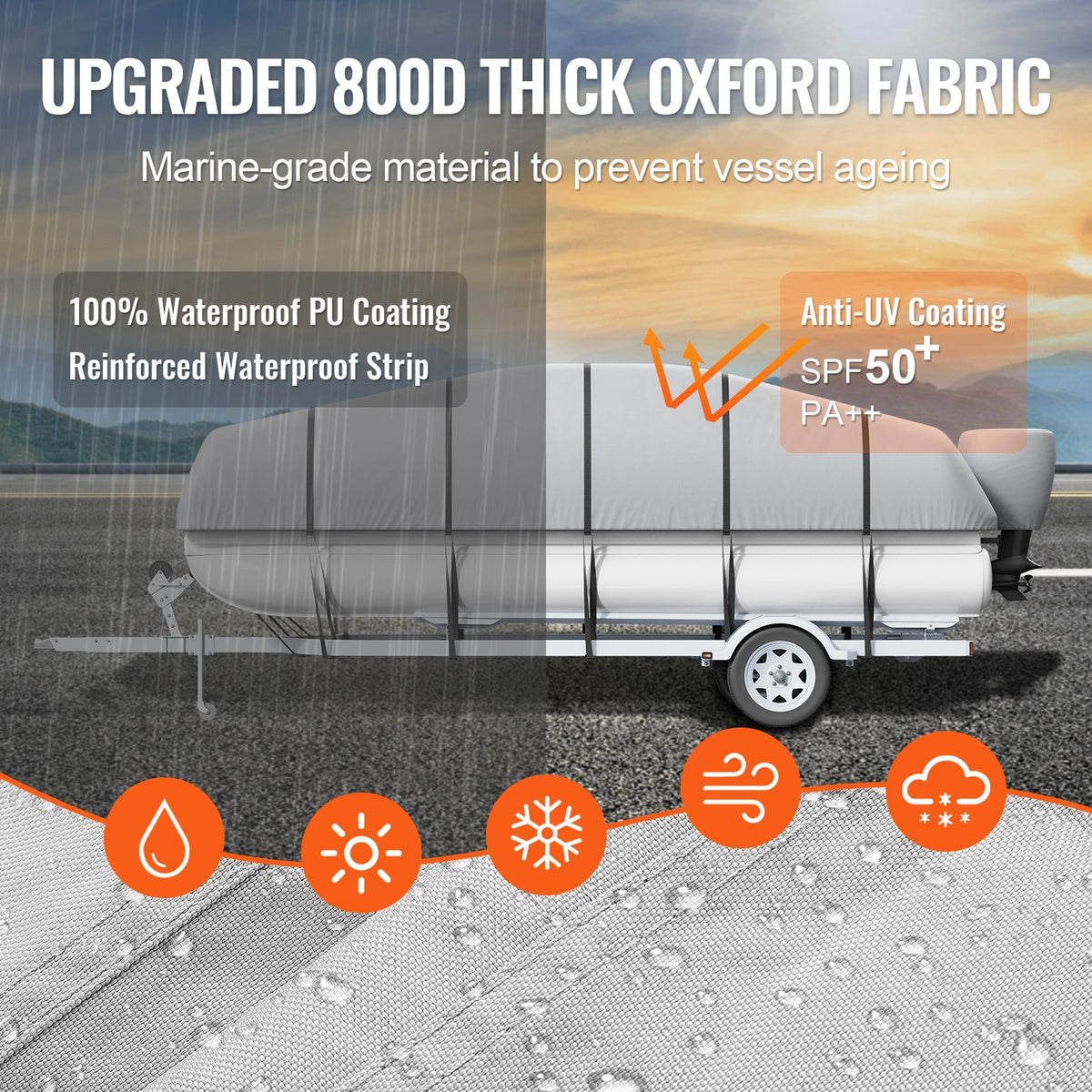 23'-24' Waterproof Pontoon Boat Cover 800D Marine-Grade PU Oxford Fabric Grey