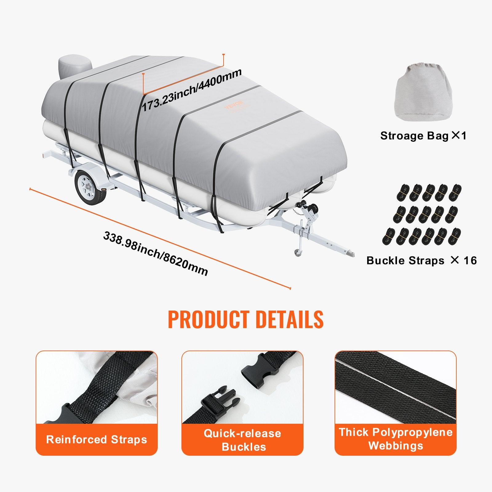 23'-24' Waterproof Pontoon Boat Cover 800D Marine-Grade PU Oxford Fabric Grey
