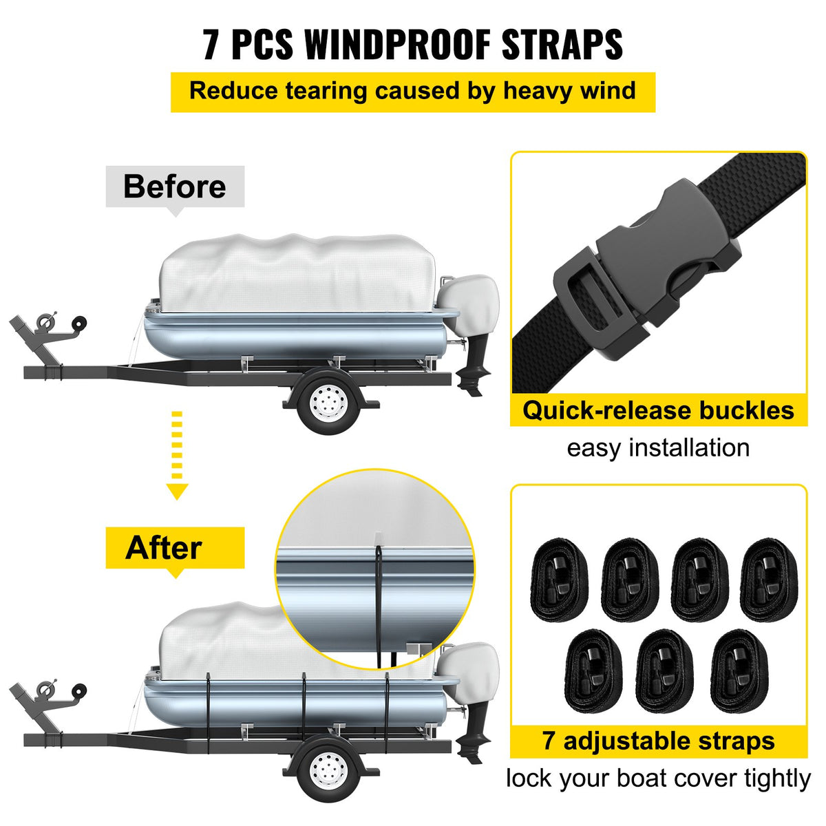 Pontoon Boat Cover 17'-20' Heavy Duty 600D Oxford Waterproof Poles Straps Gray