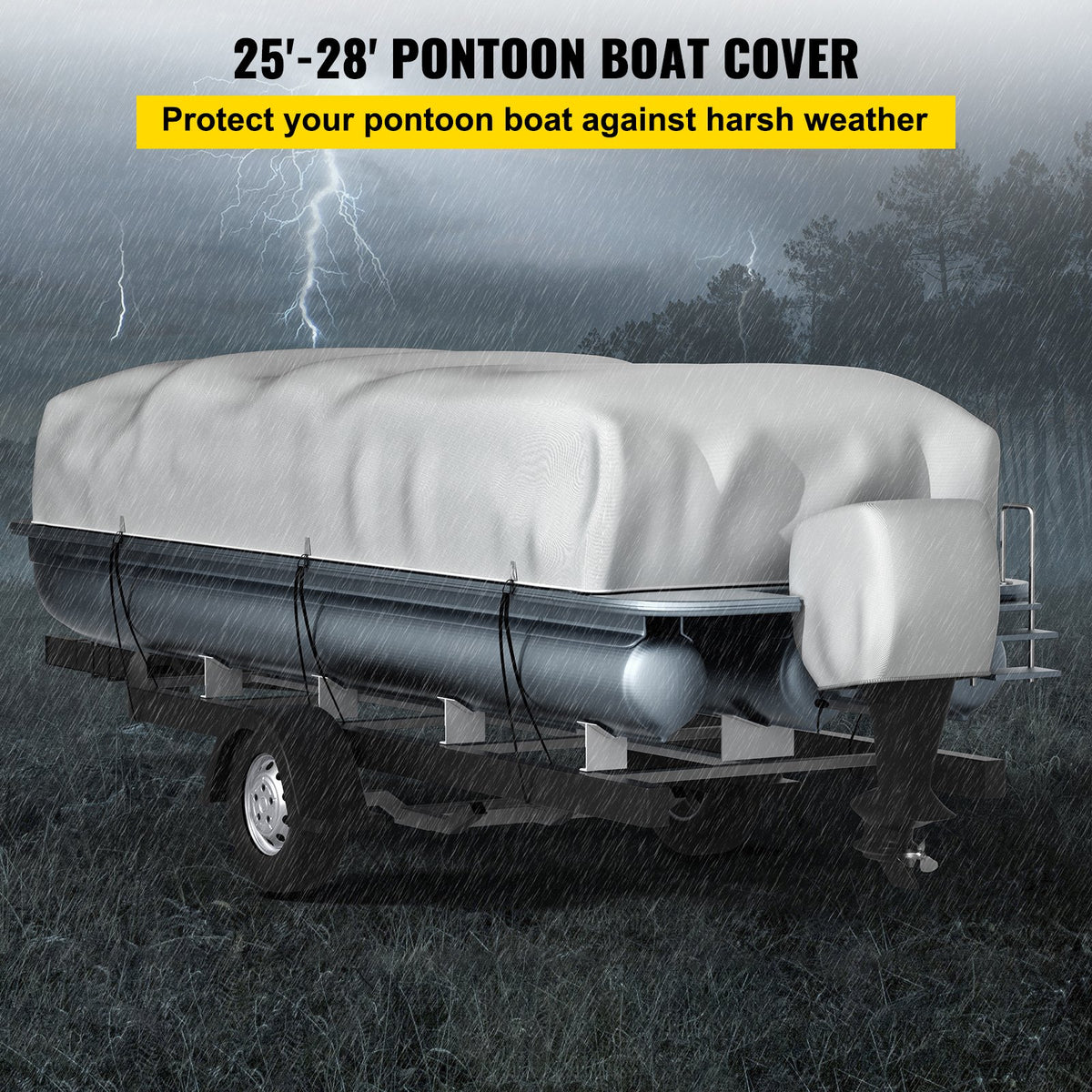 Pontoon Boat Cover 25'-28' Heavy Duty 600D Oxford Waterproof Poles Straps Gray