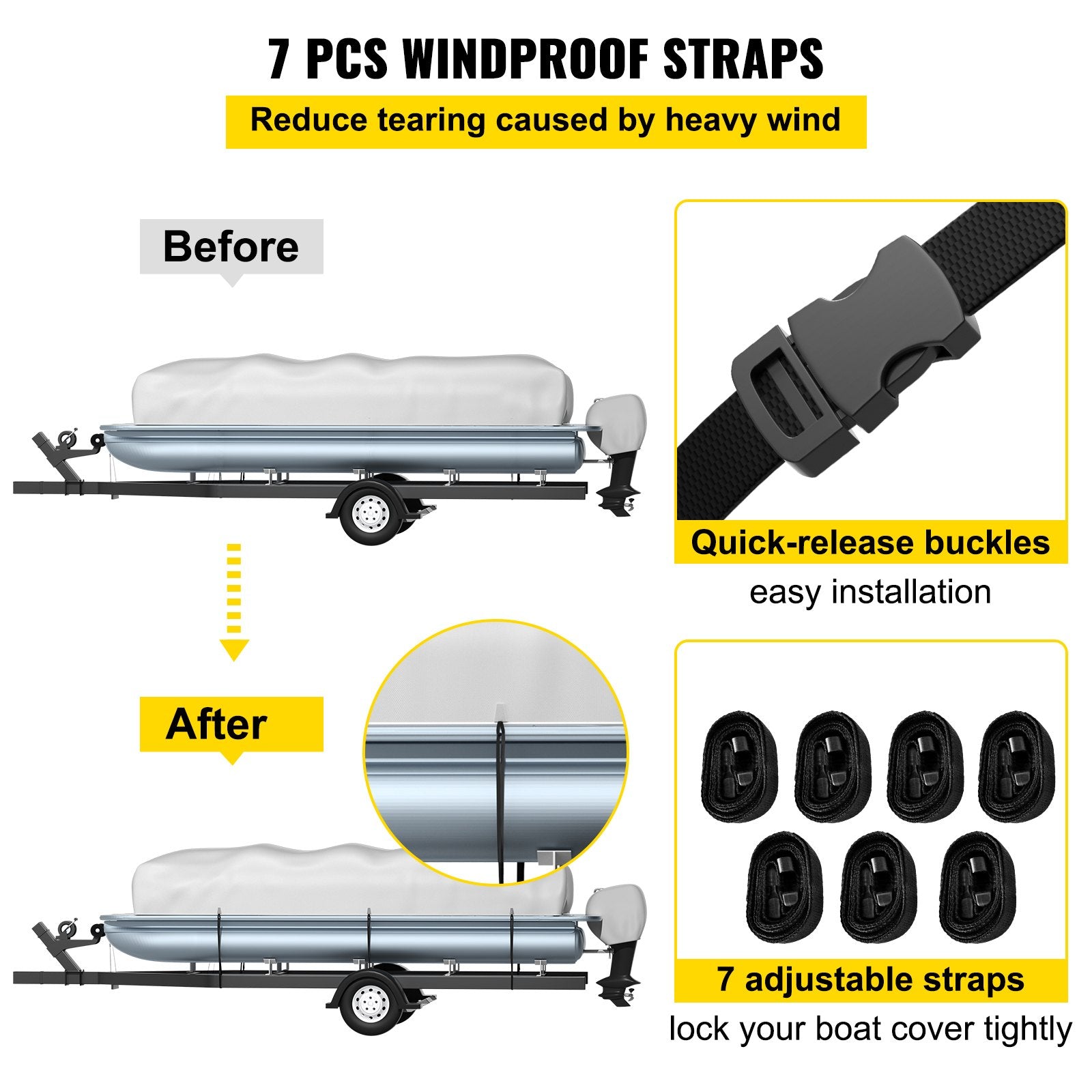 Pontoon Boat Cover 25'-28' Heavy Duty 600D Oxford Waterproof Poles Straps Gray