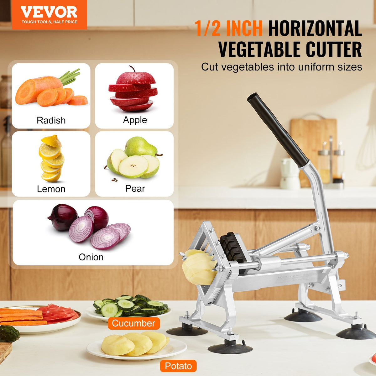 Commercial Vegetable Slicer 1/2" Stainless Steel Aluminum Manual Cutter Non-Slip