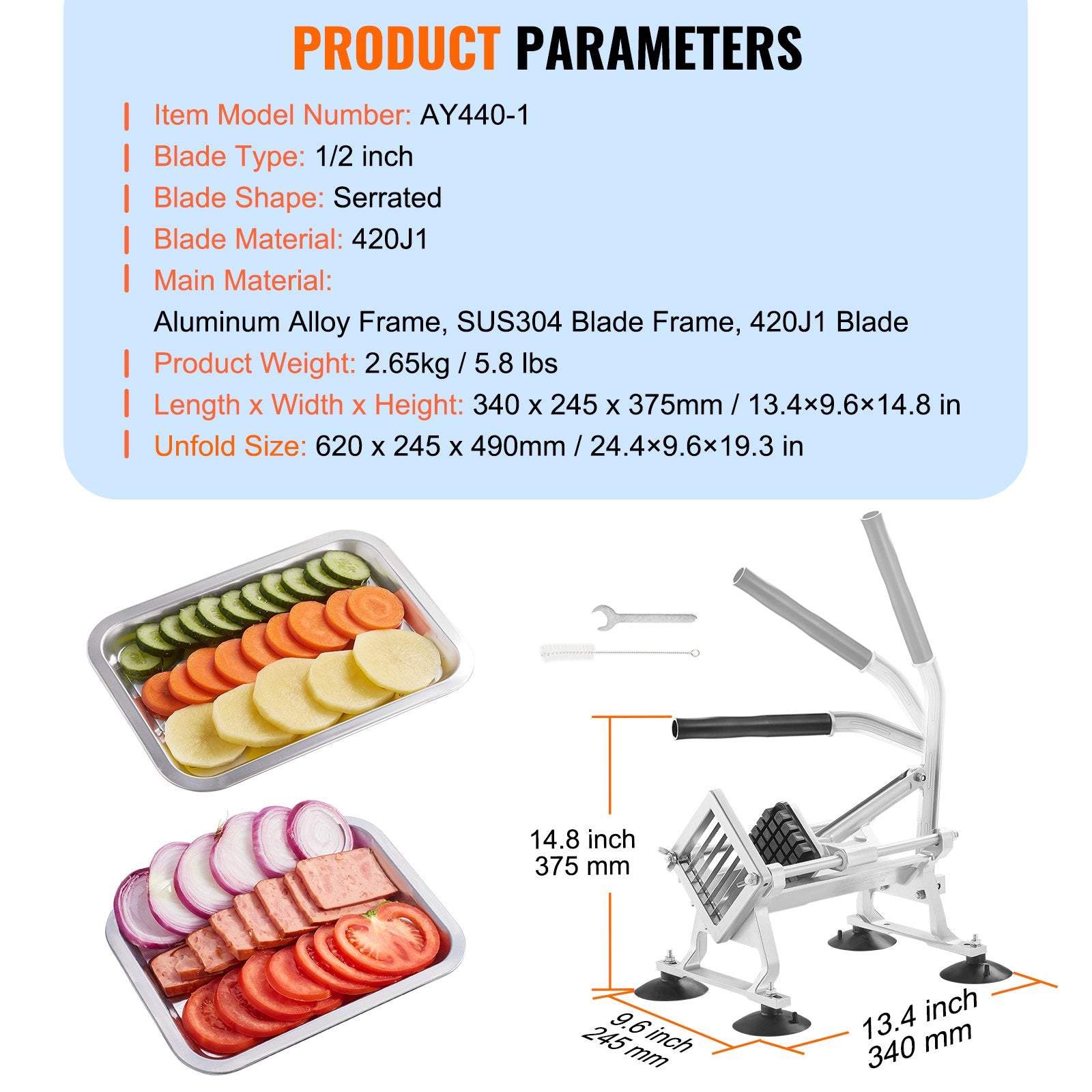 Commercial Vegetable Slicer 1/2" Stainless Steel Aluminum Manual Cutter Non-Slip