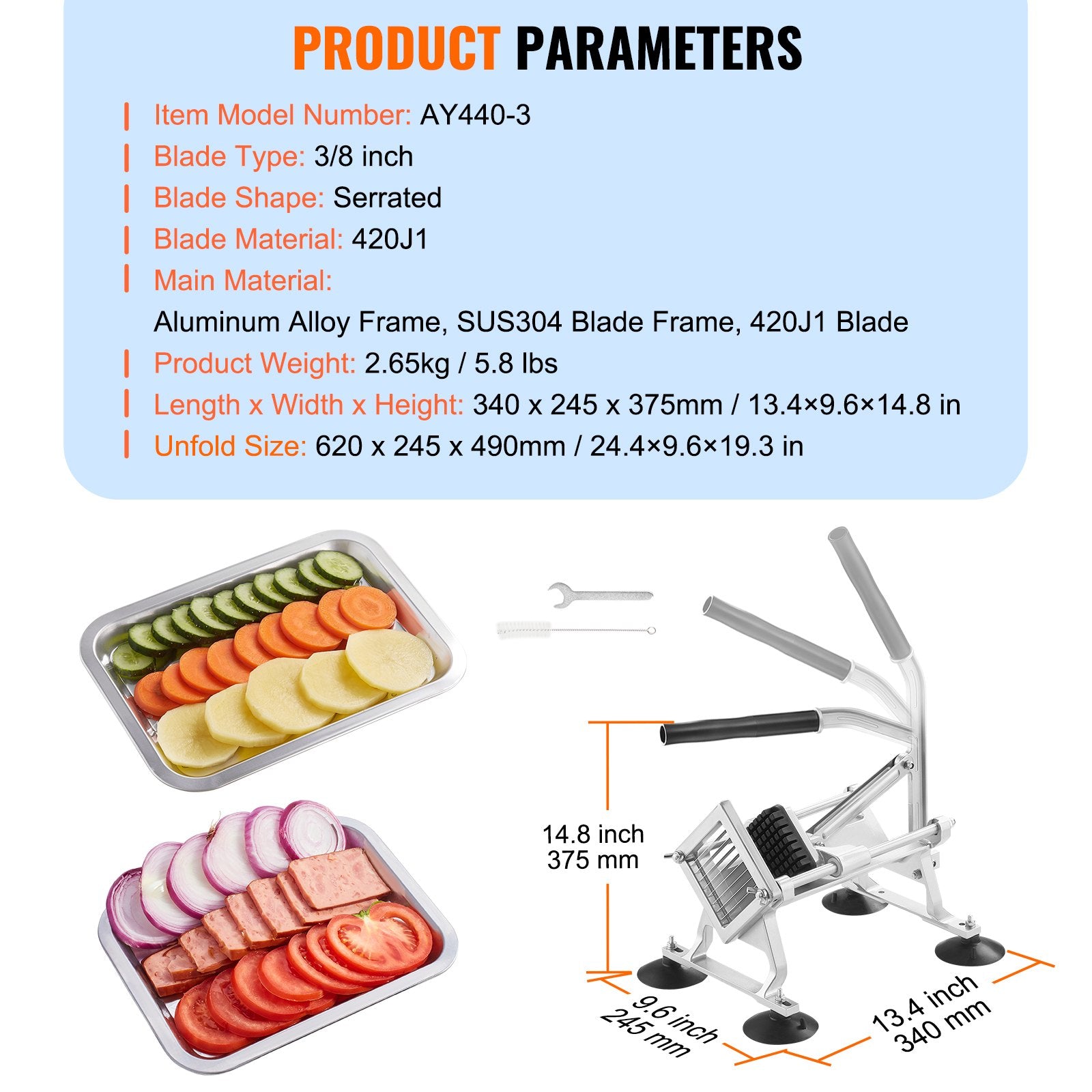 Commercial Vegetable Slicer 3/8" Stainless Steel Aluminum Manual CutterNon-Slip