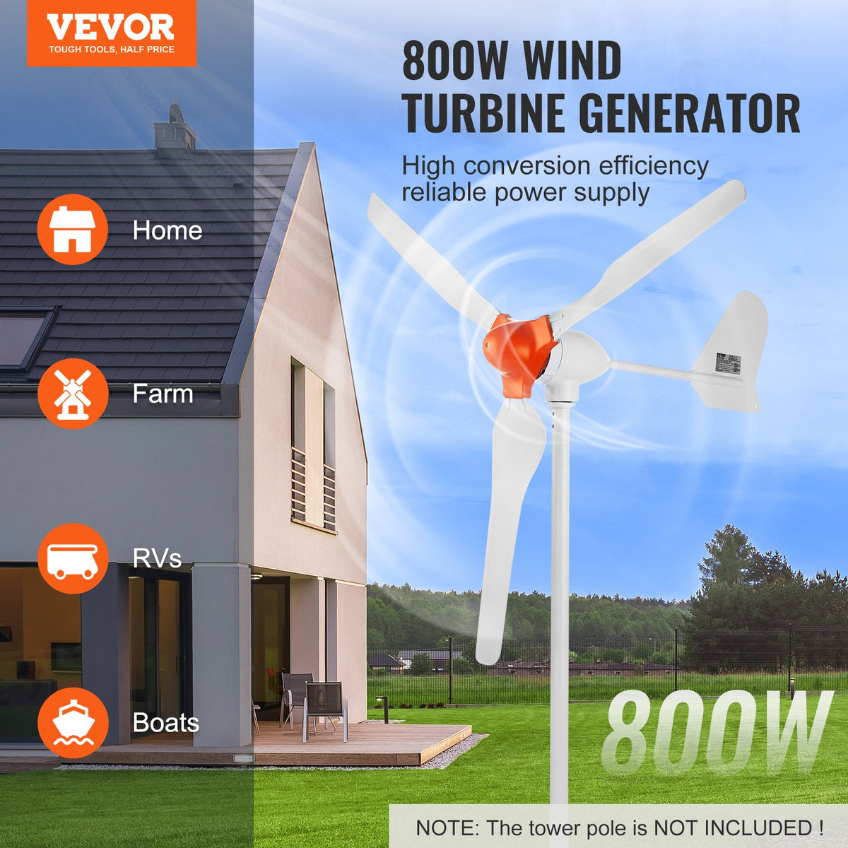 800W Wind Turbine Generator 12V 3 Blade Kit with MPPT Controller