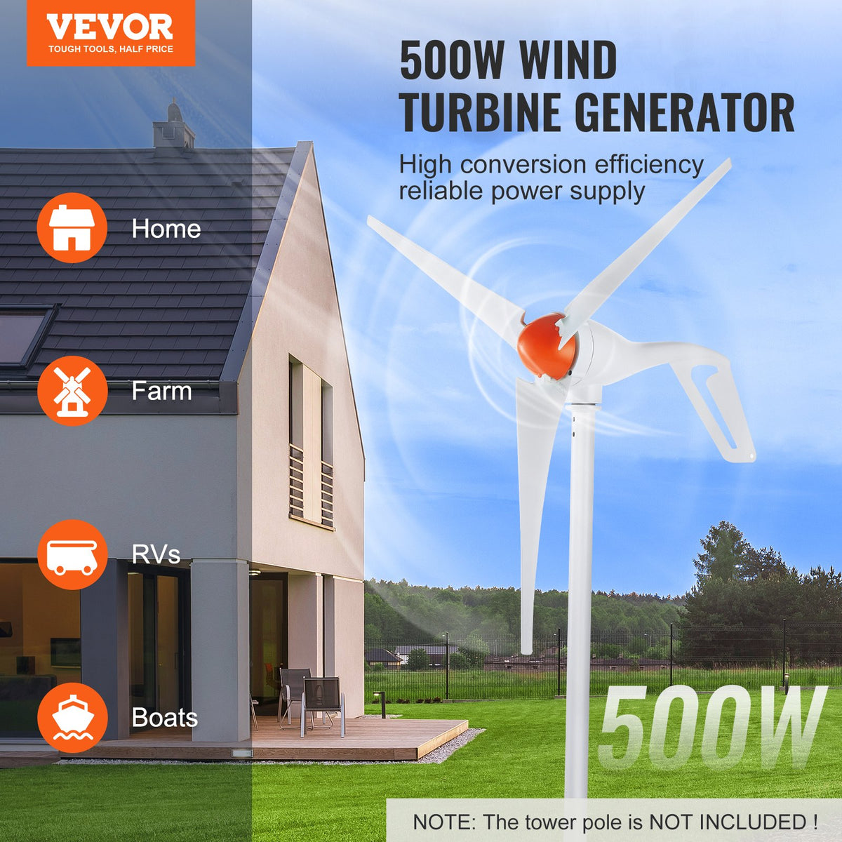 500W Wind Turbine Generator 12V 3-Blade Kit with MPPT Controller & Adjustable