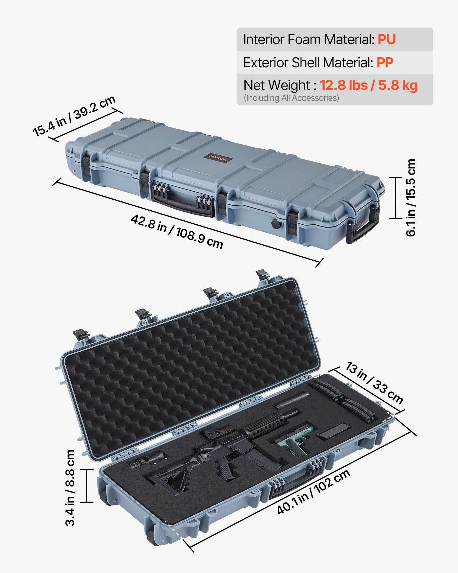 Hard Rifle Case 1016mm Lockable IP67 Waterproof Pre-Cut Foam Wheels Gun Storage