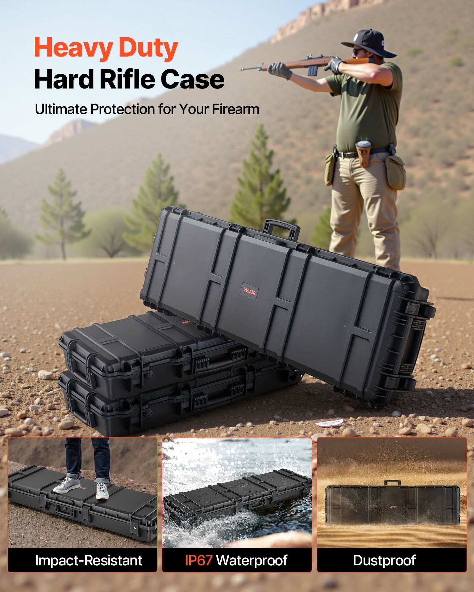 Hard Rifle Case 1270mm Lockable XPE Foam Wheels IP67 Waterproof Dustproof Black