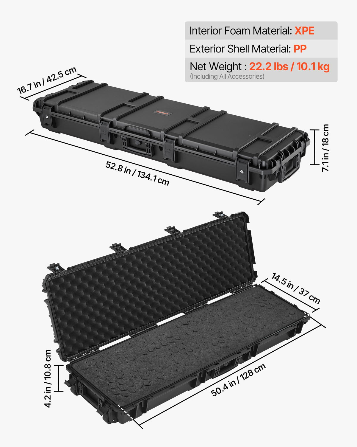Hard Rifle Case 1270mm Lockable XPE Foam Wheels IP67 Waterproof Dustproof Black