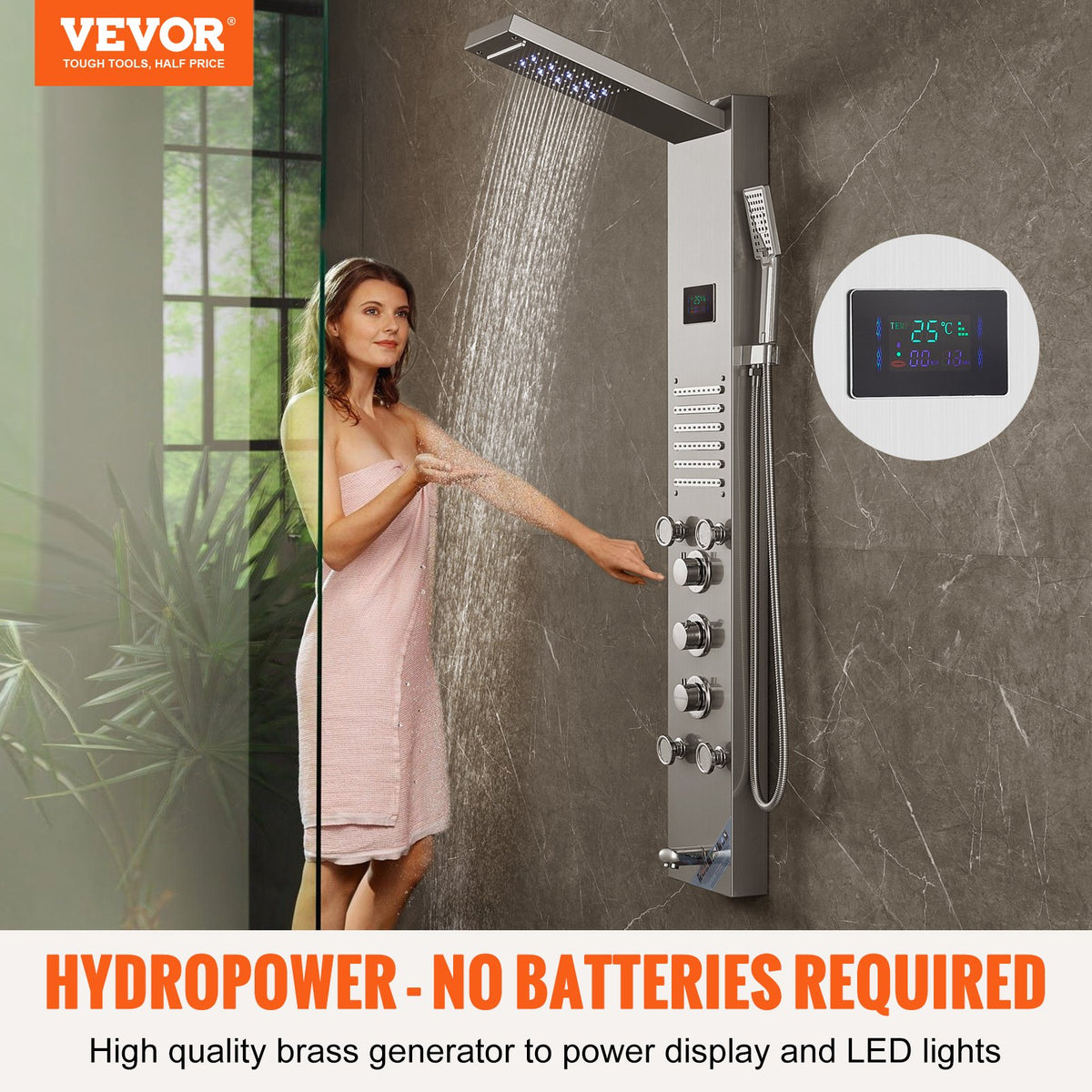Shower Panel System 6 Modes LED Display 5 Massage Jets Rainfall Handheld Tub Spout
