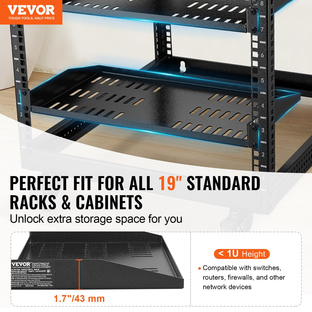 Server Rack Shelf 1U 2PCS 254mm 22.68kg Vented Cantilever Tray 482.6mm Rack