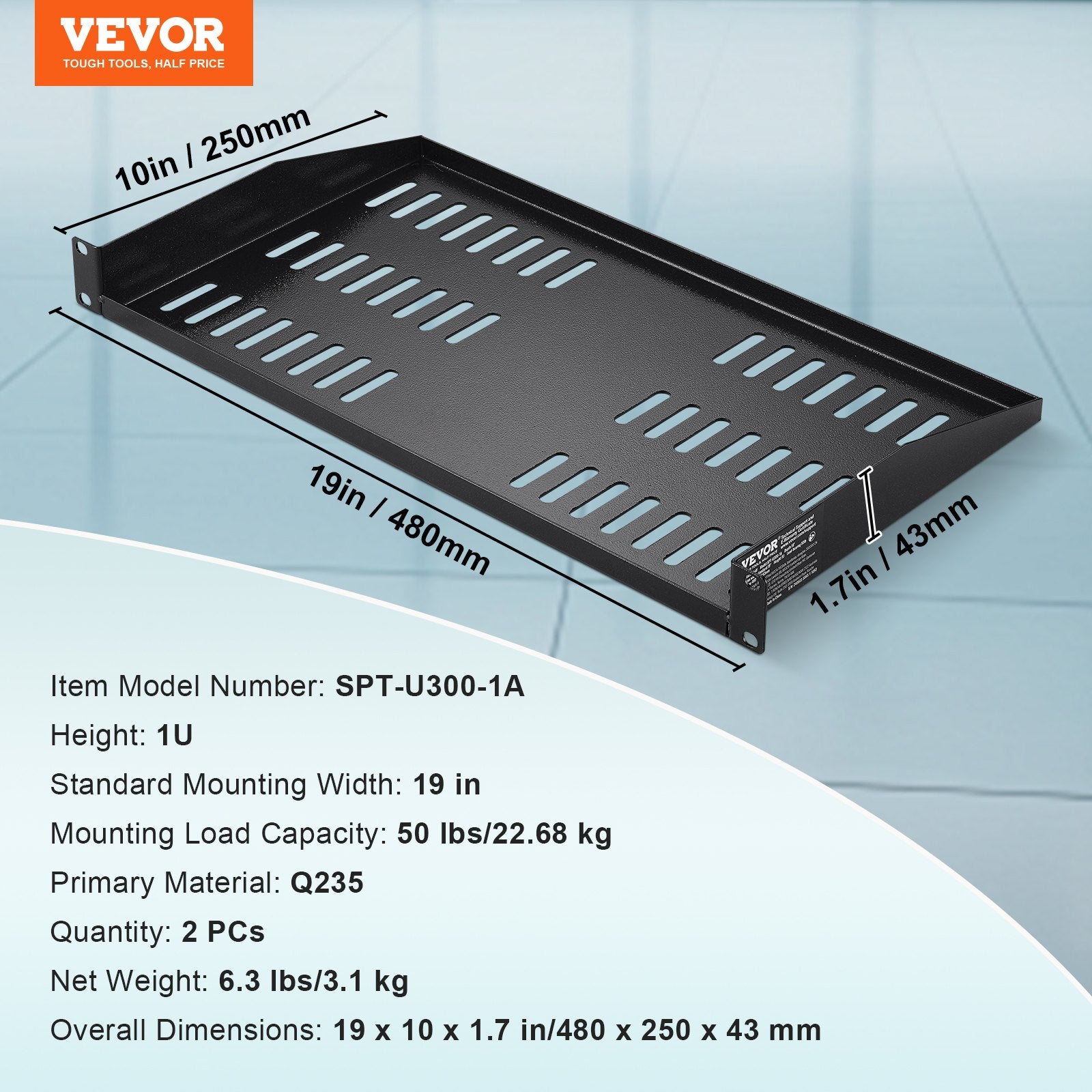 Server Rack Shelf 1U 2PCS 254mm 22.68kg Vented Cantilever Tray 482.6mm Rack
