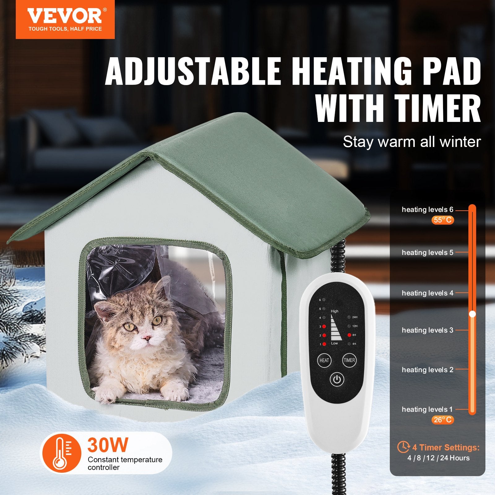 Elevated Heated Cat House, Outdoor Foldable Shelter with Timer & Cozy Heated Pad