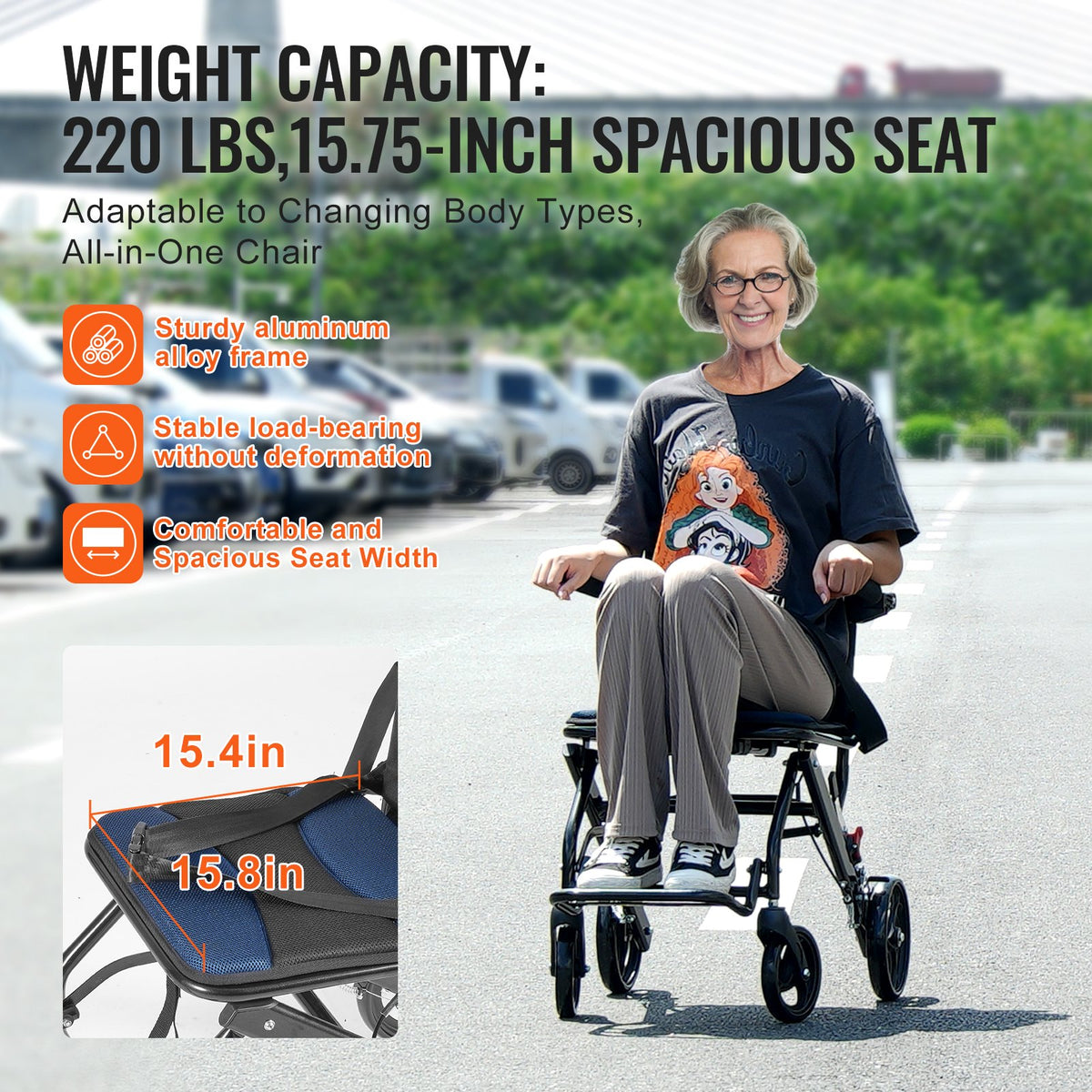 Wheelchair Aluminum Alloy Lightweight Foldable Transport Chair 220lbs 15.75in