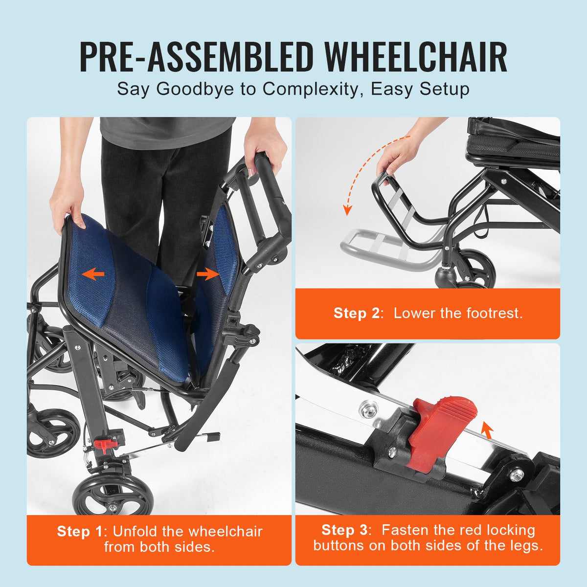 Wheelchair Aluminum Alloy Lightweight Foldable Transport Chair 220lbs 15.75in