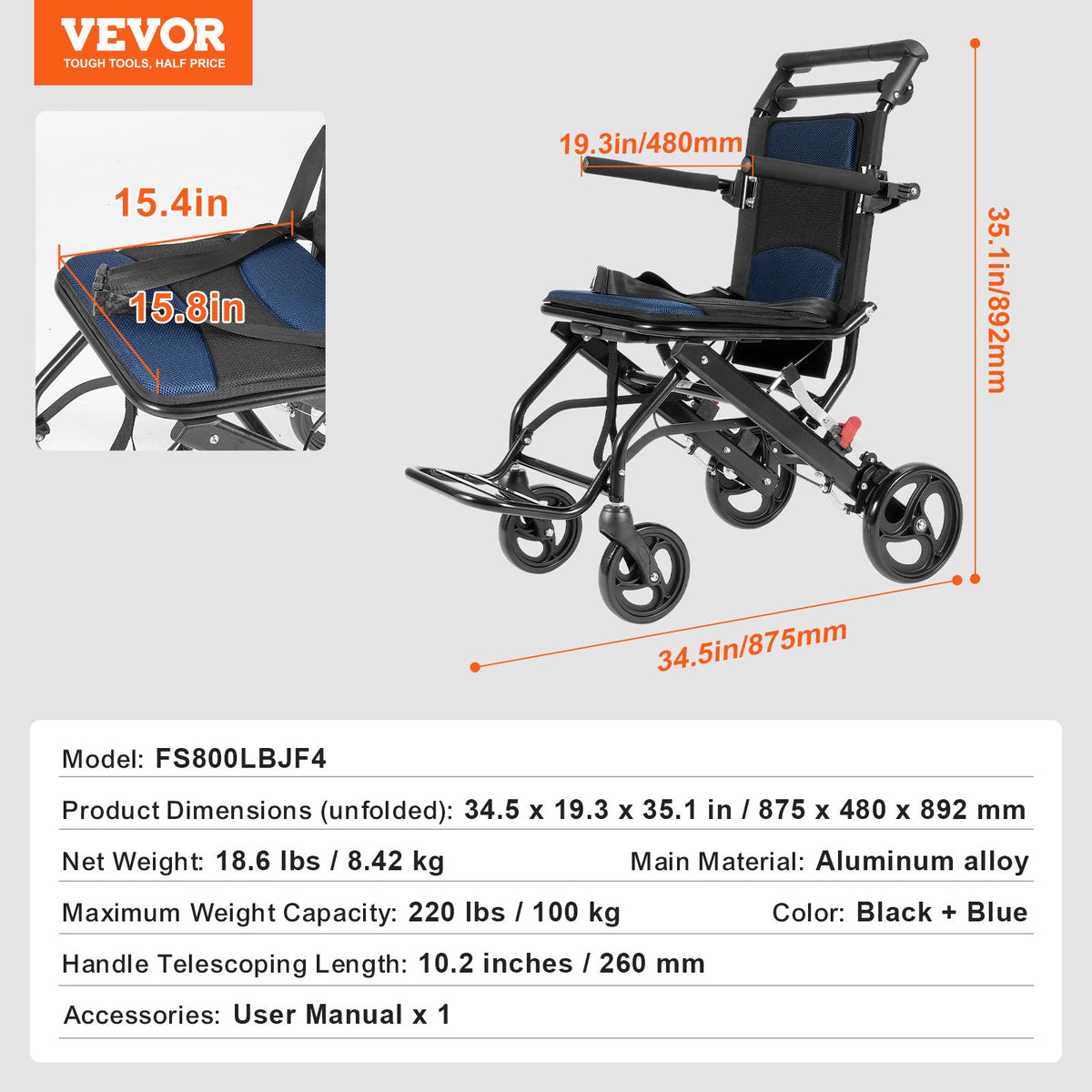 Wheelchair Aluminum Alloy Lightweight Foldable Transport Chair 220lbs 15.75in