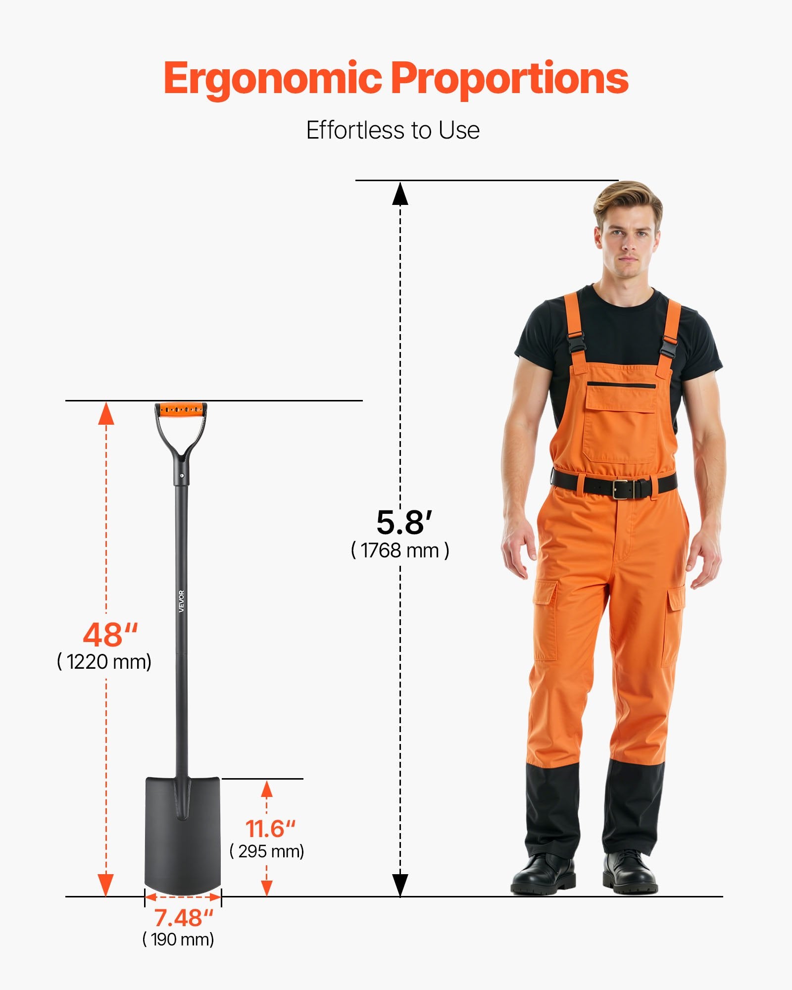 Square Shovel 122 cm Heavy-Duty Flat Shovel Alloy Steel Blade Non-Slip D-Handle