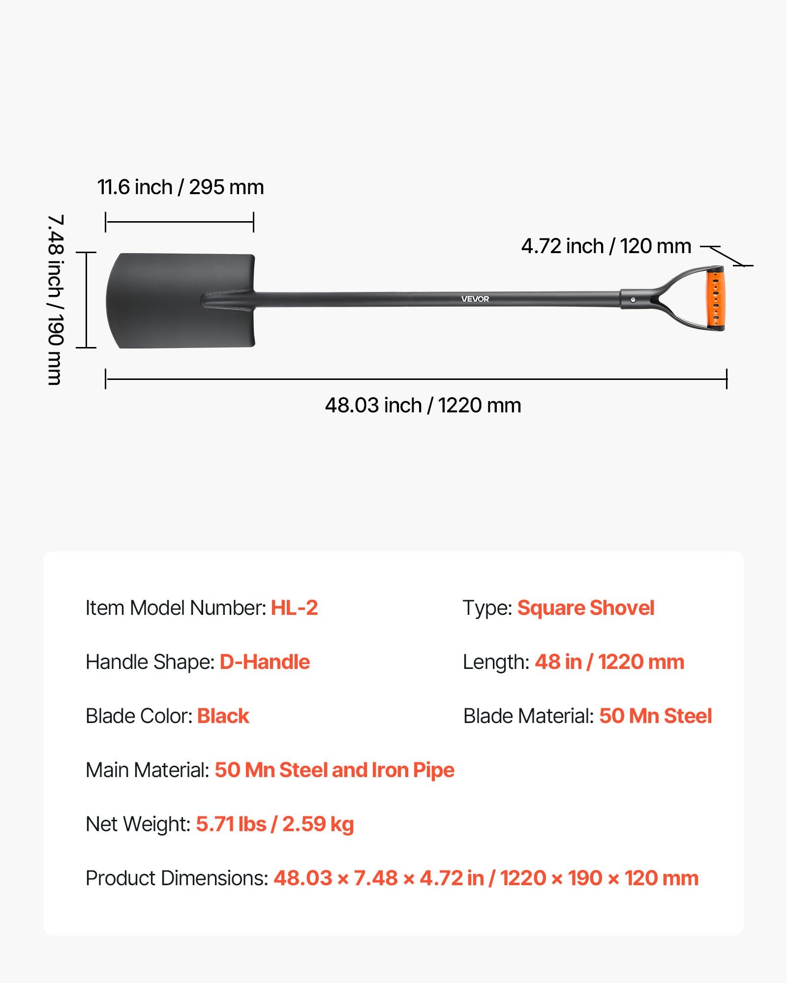 Square Shovel 122 cm Heavy-Duty Flat Shovel Alloy Steel Blade Non-Slip D-Handle