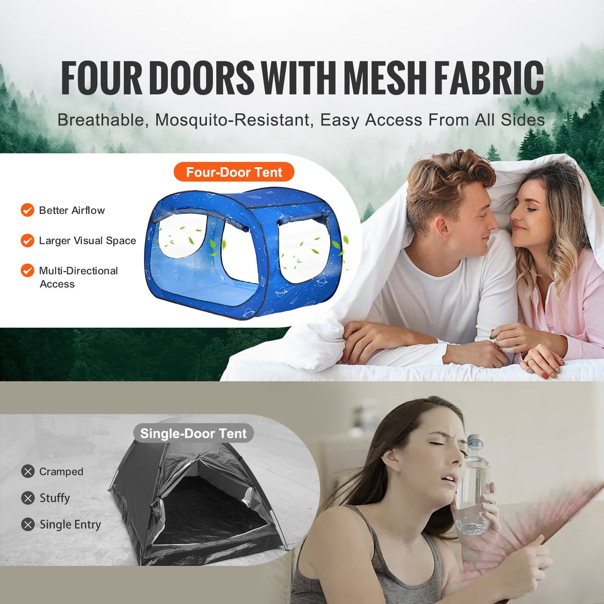 Bed Tent Pongee Fabric Full-Size with 2 Doors & 8.5mm Poles for Kids & Adults
