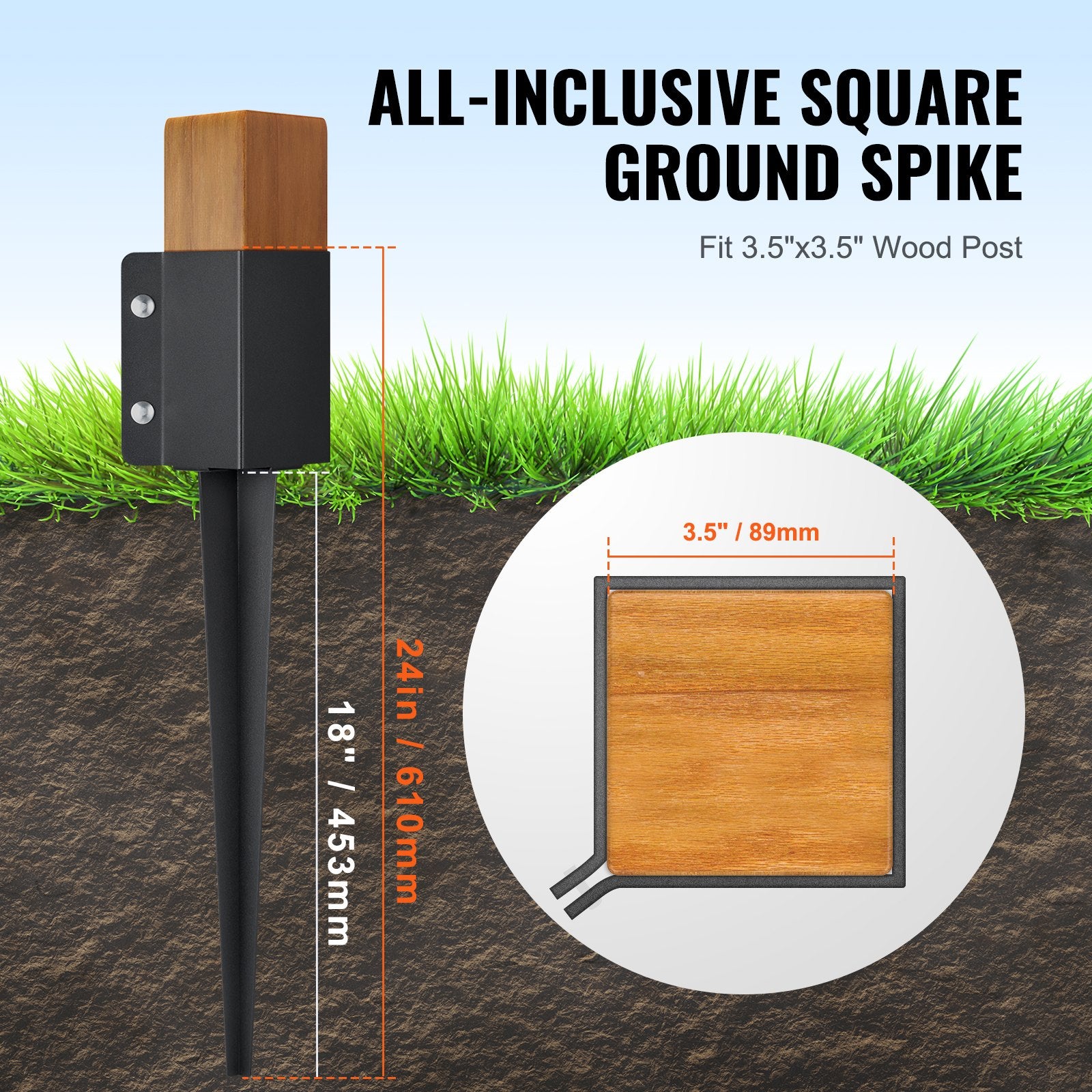 Fence Post Anchor Ground Spike 4 Pack 61x11x11cm Black Coated Metal Garden