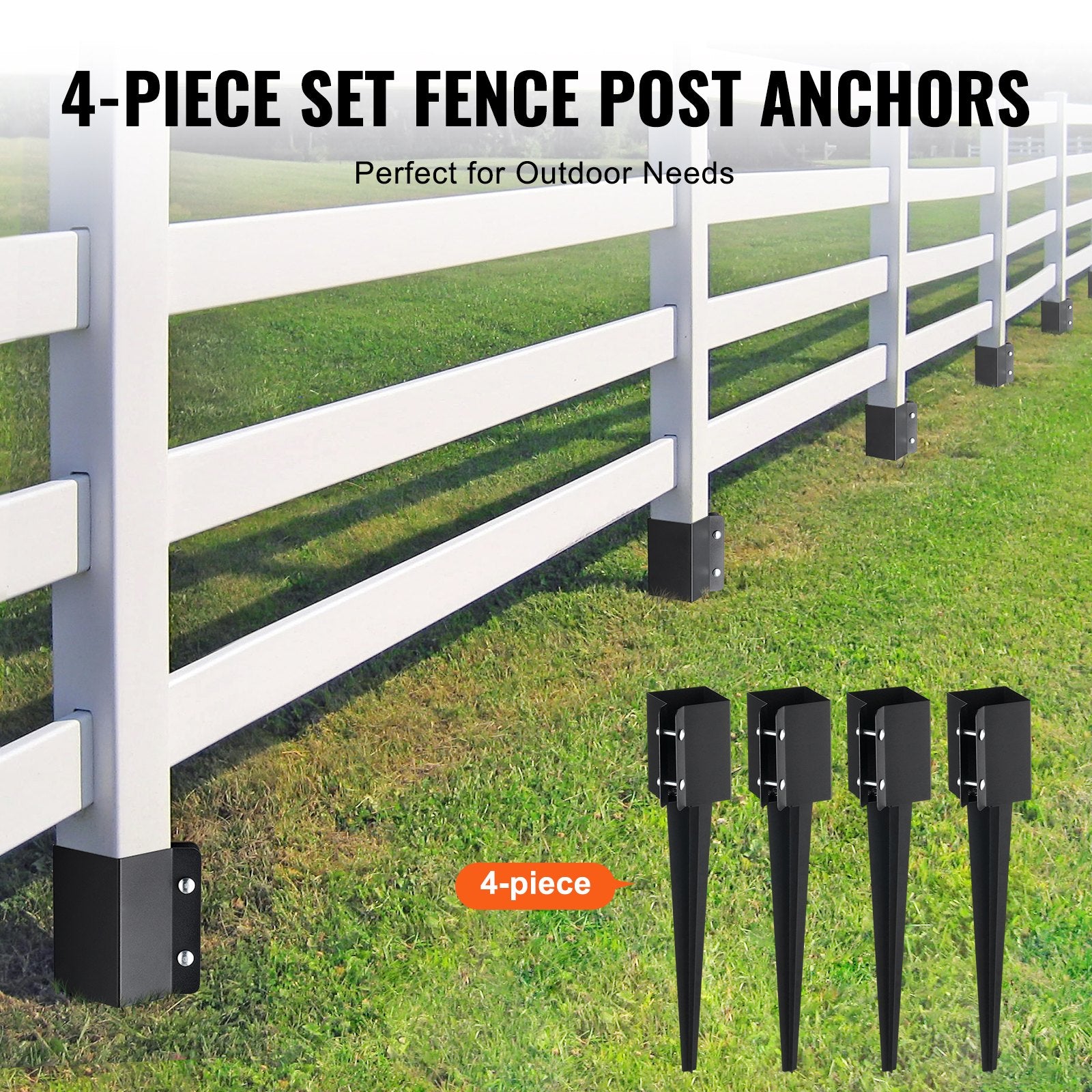 Fence Post Anchor Ground Spike 4 Pack 61x11x11cm Black Coated Metal Garden