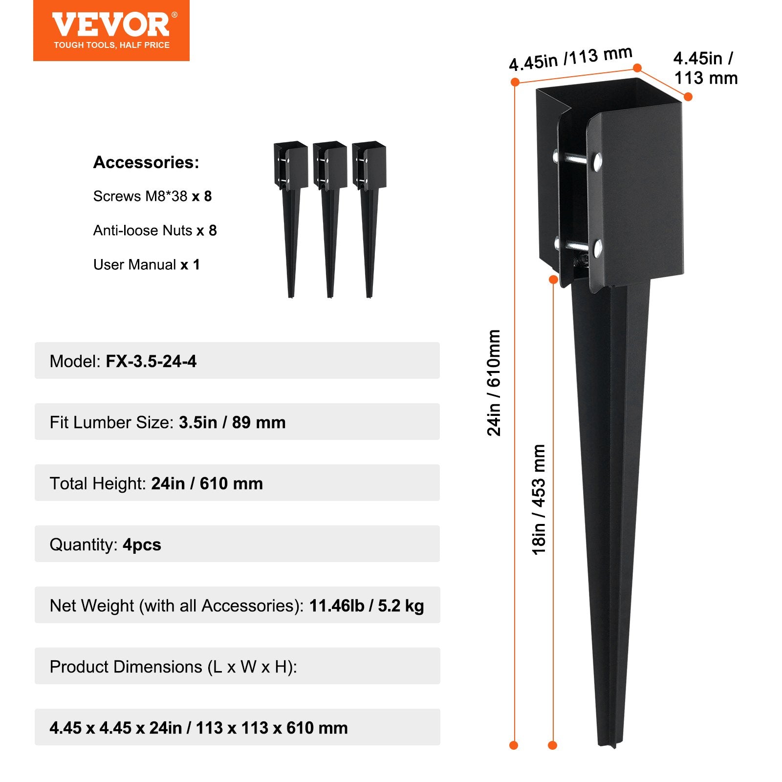 Fence Post Anchor Ground Spike 4 Pack 61x11x11cm Black Coated Metal Garden