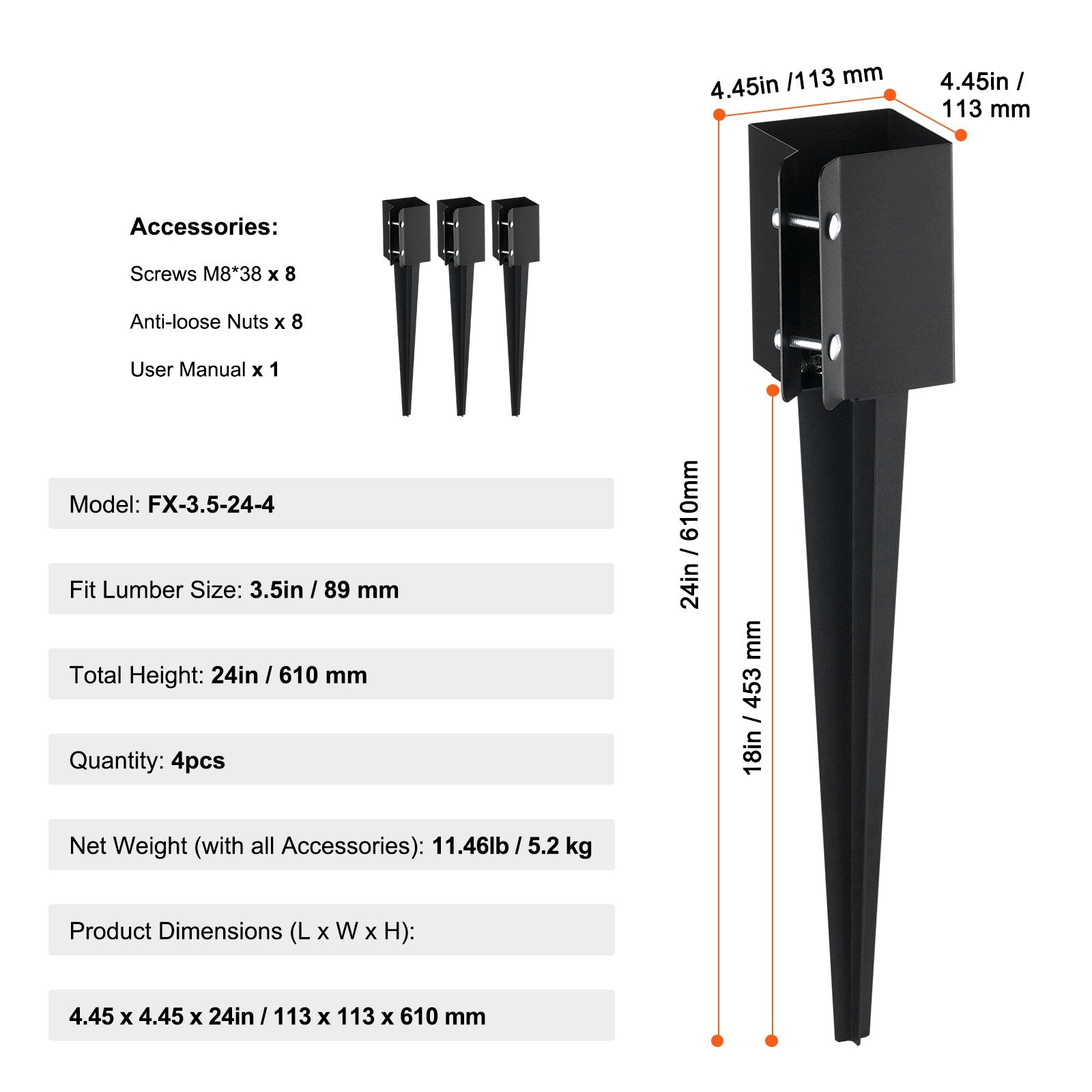 Fence Post Anchor Ground Spike 4 Pack 61x11x11cm Black Coated Metal Garden