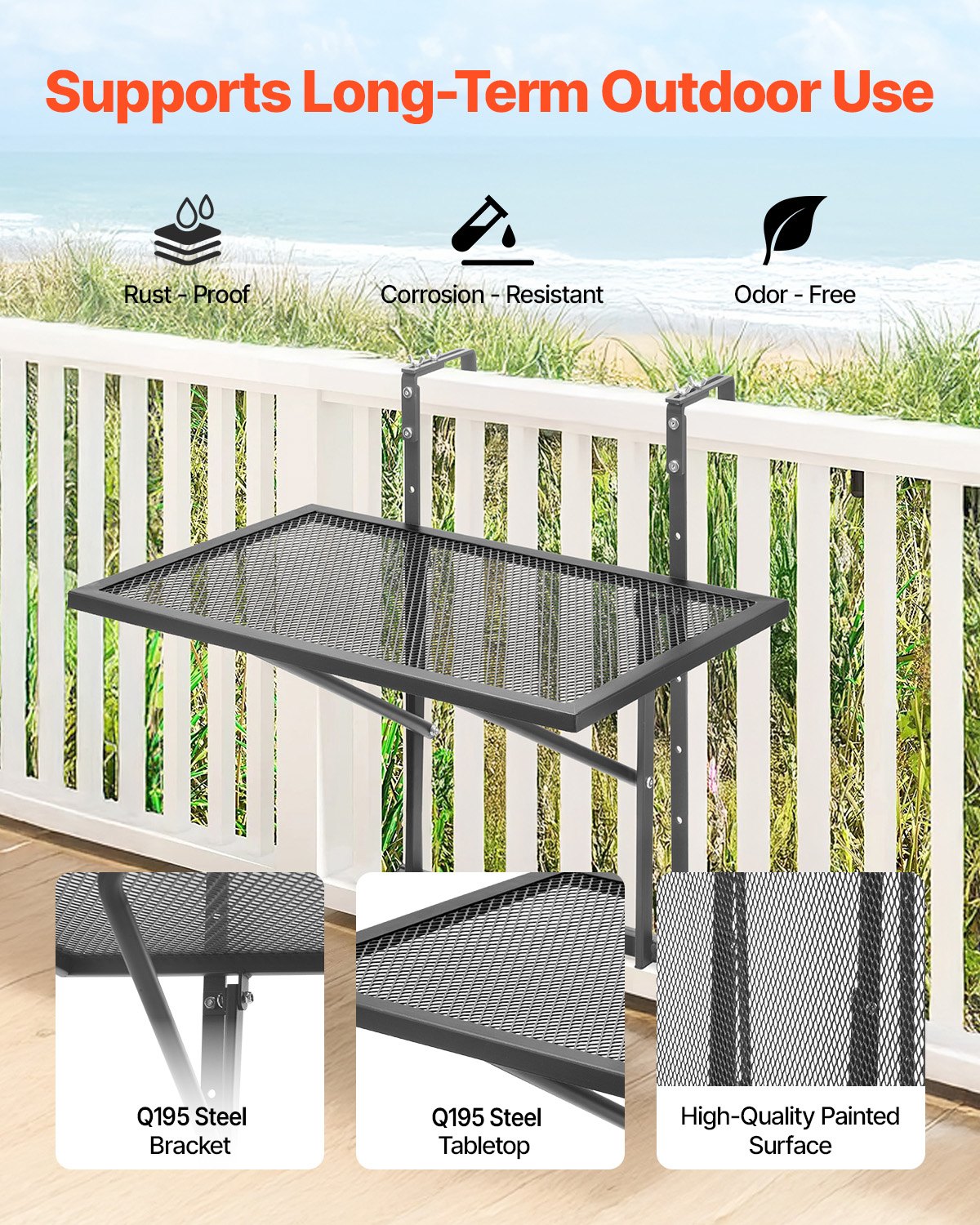 Folding and Adjustable Balcony Hanging Table 61 x 41 cm Railing Bar Stand