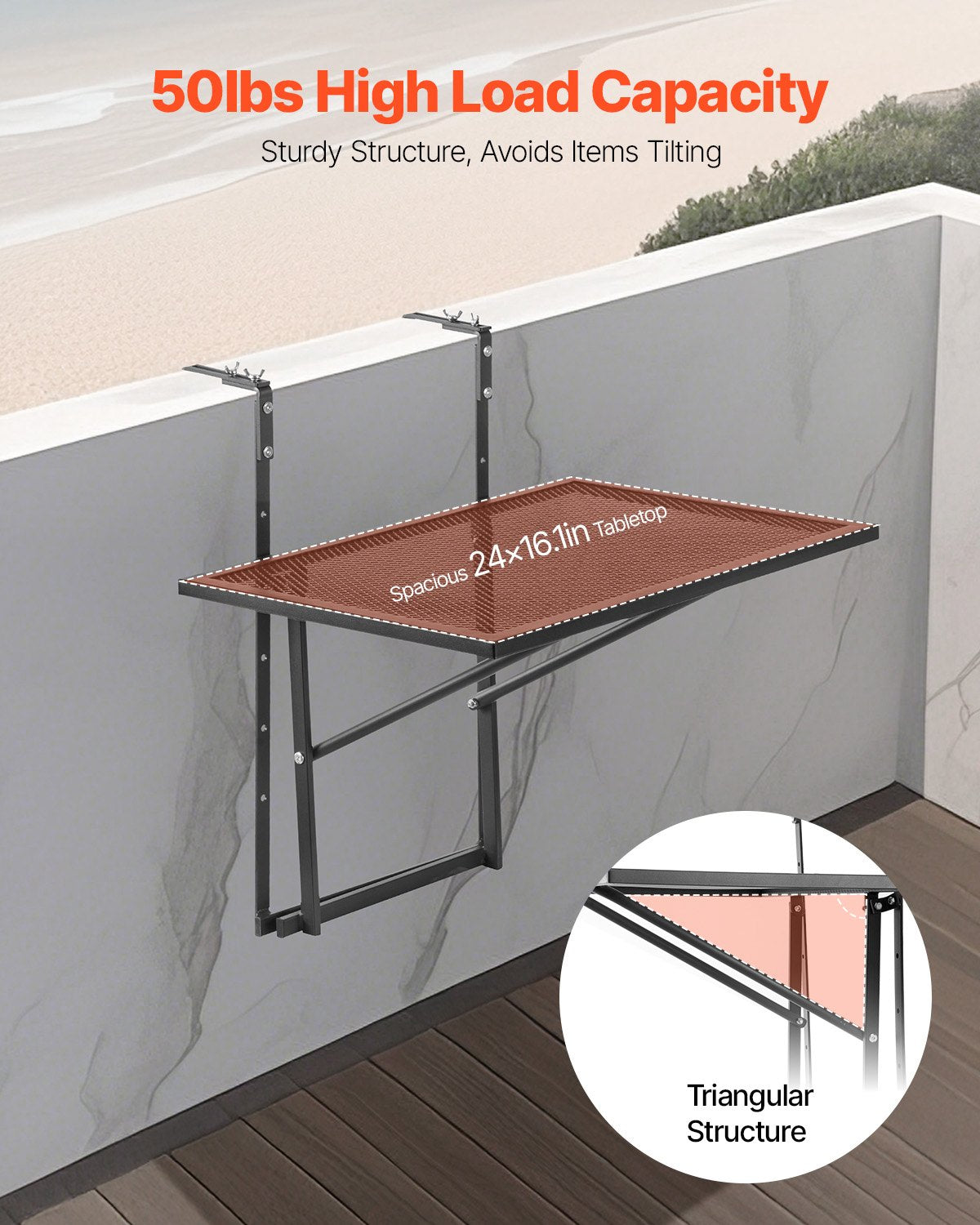 Folding and Adjustable Balcony Hanging Table 61 x 41 cm Railing Bar Stand