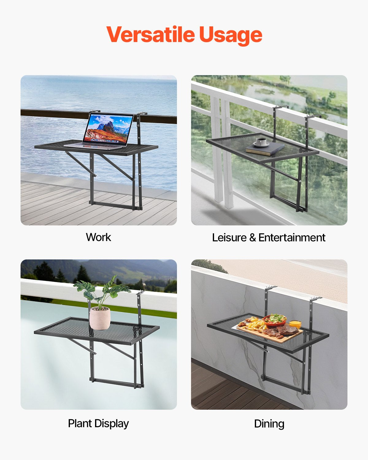 Folding and Adjustable Balcony Hanging Table 61 x 41 cm Railing Bar Stand